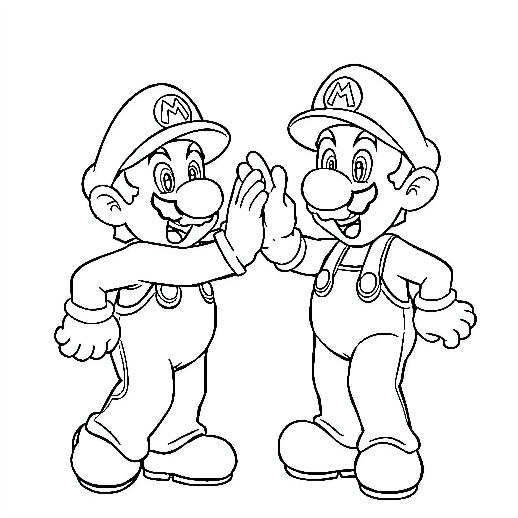 Mario Brothers Celebrating Together Coloring Page (free black-and-white line drawing printable PDF for all, from beginners to advanced learners, including children, teens, adults, and seniors)