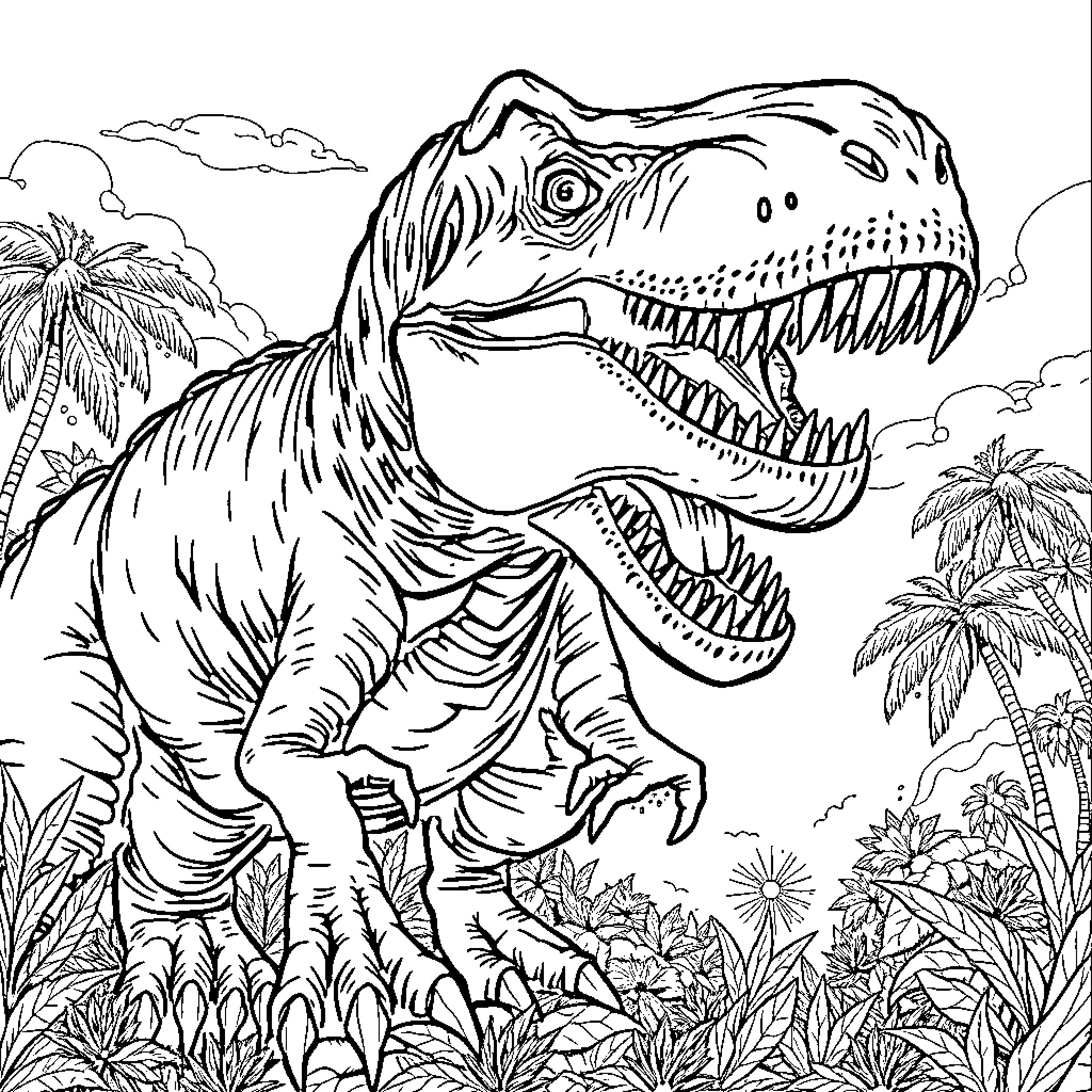 Distortus Rex: Ferocious Dinosaur in Jurassic Landscape Coloring Page (free black-and-white line drawing printable PDF for all, from beginners to advanced learners, including children, teens, adults, and seniors)