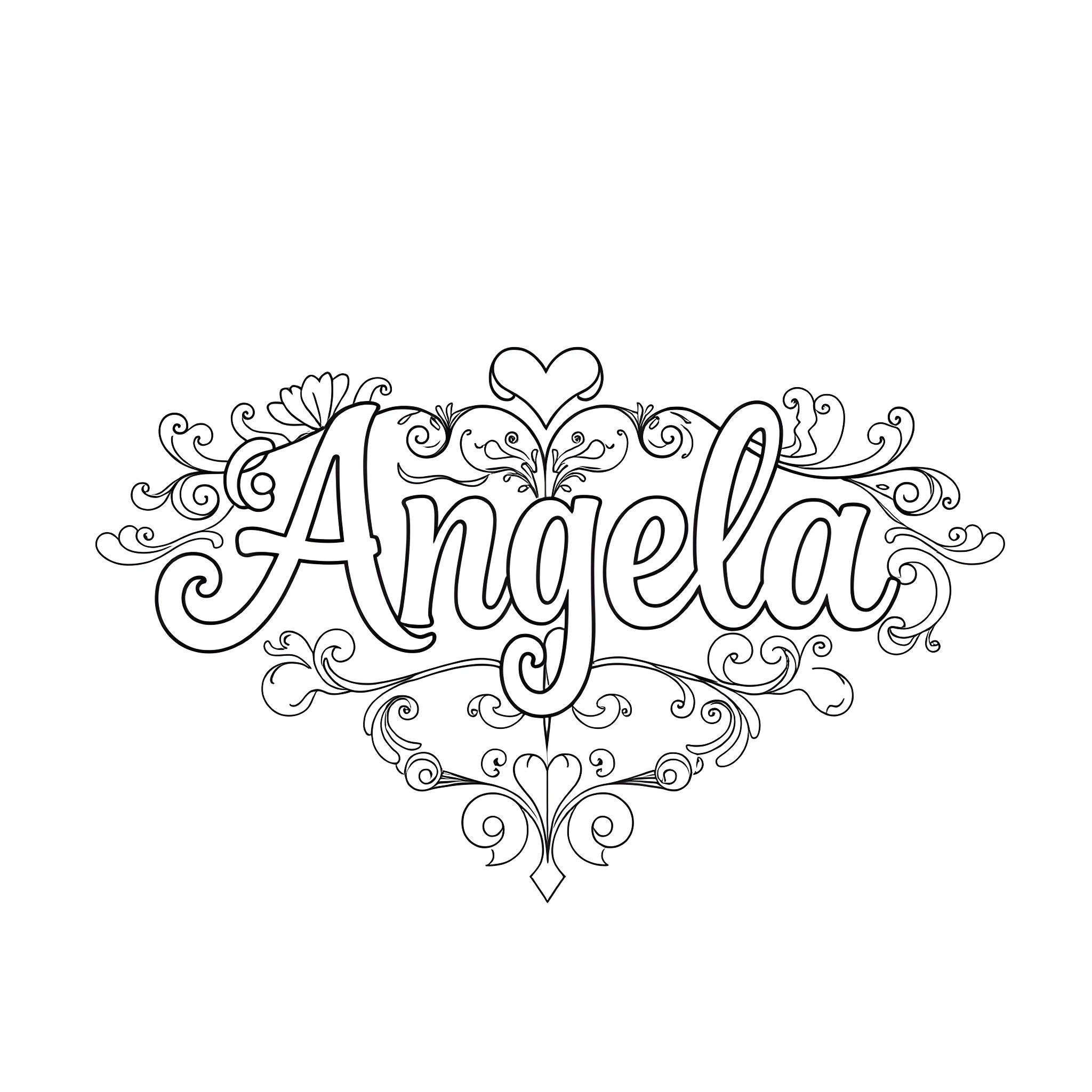 Angela's whimsical, ornate nameplate Coloring Page (free black-and-white line drawing printable PDF for all, from beginners to advanced learners, including children, teens, adults, and seniors)
