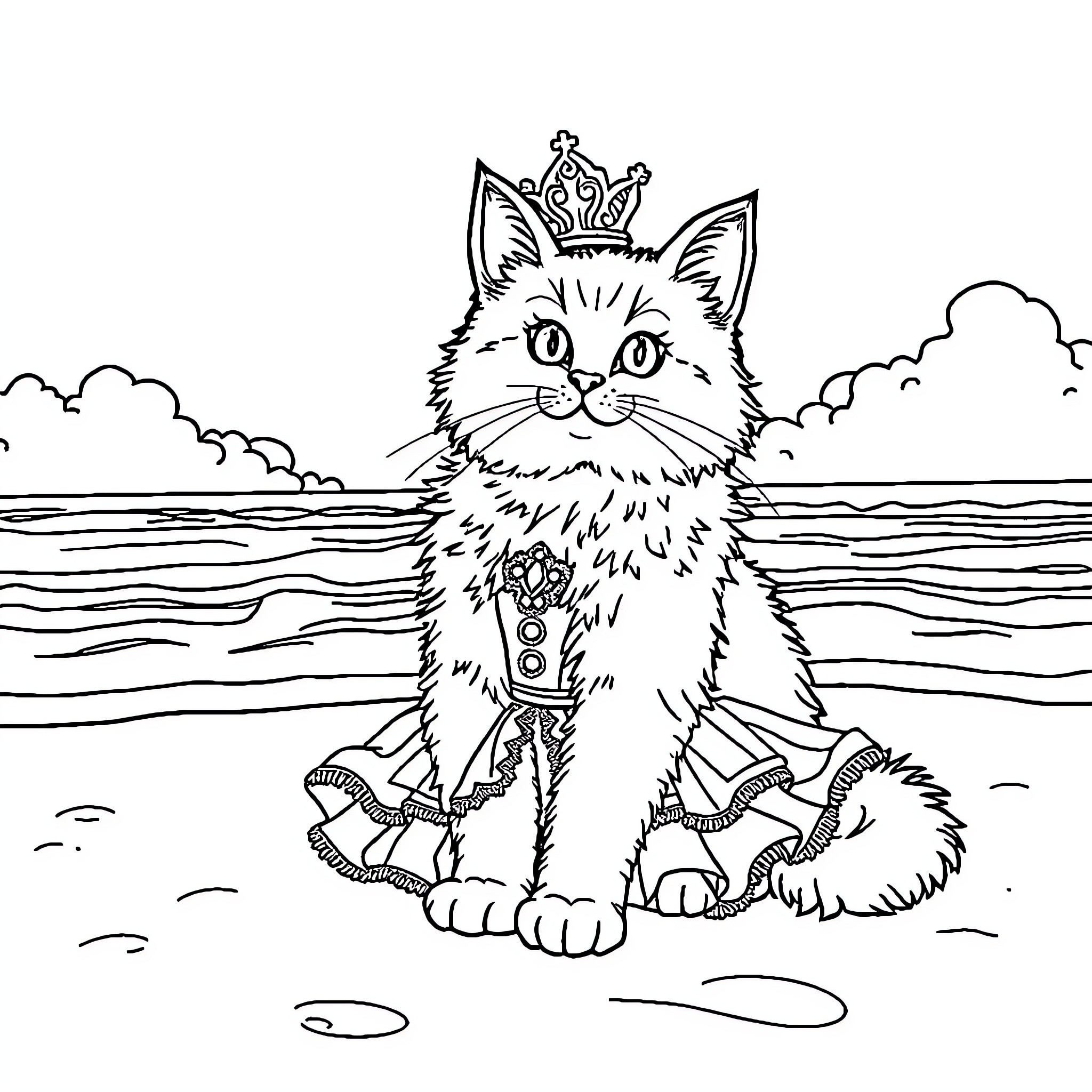 Cat wearing a crown by the sea Coloring Page (free black-and-white line drawing printable PDF for all, from beginners to advanced learners, including children, teens, adults, and seniors)