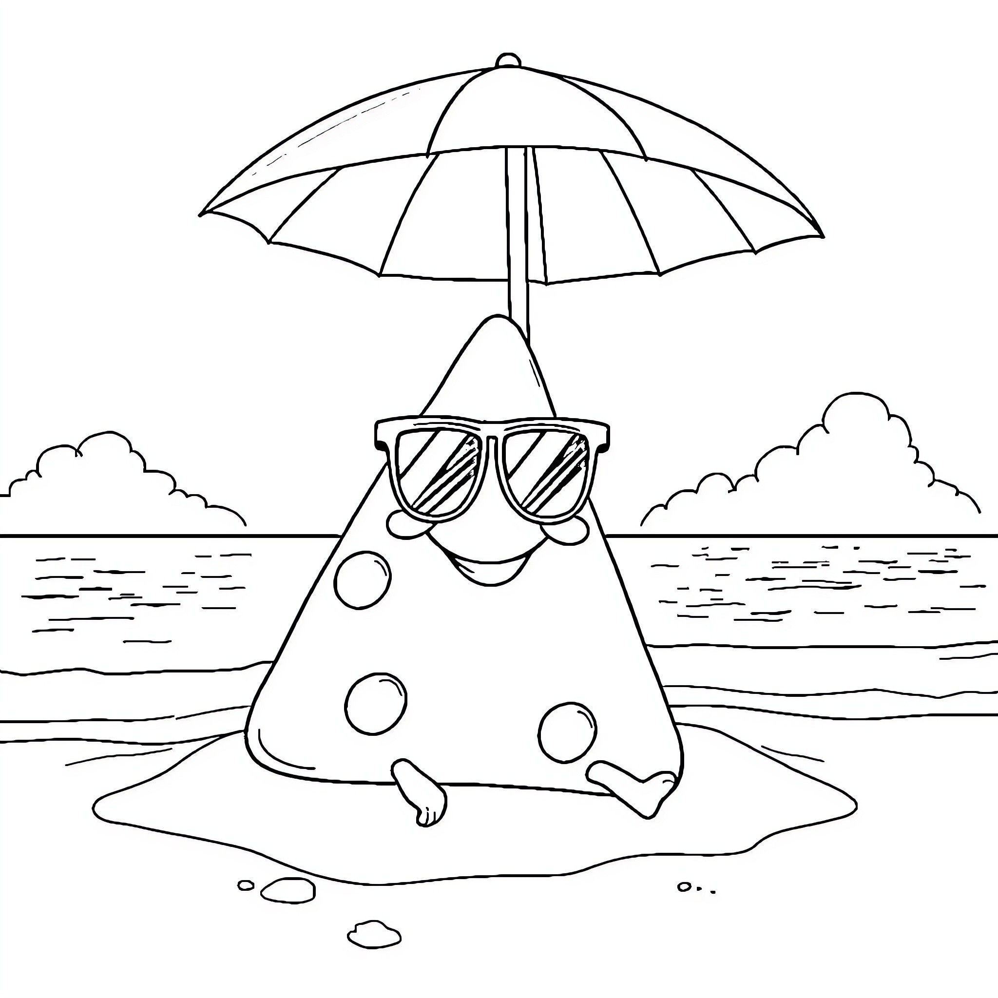 Cheese enjoying a sunny day at the beach Coloring Page (free black-and-white line drawing printable PDF for all, from beginners to advanced learners, including children, teens, adults, and seniors)