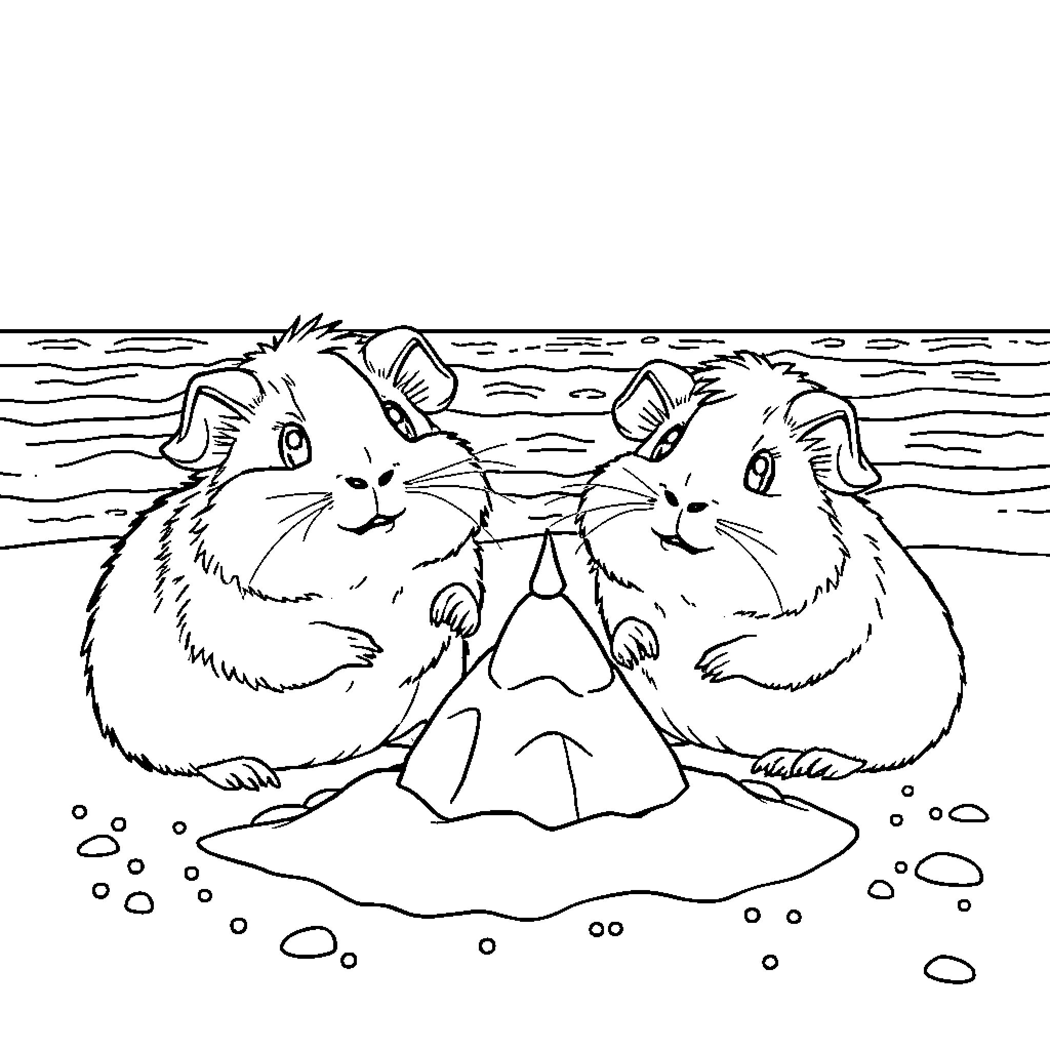 Guinea Pigs Building a Sand Castle on the Beach Coloring Page (free black-and-white line drawing printable PDF for all, from beginners to advanced learners, including children, teens, adults, and seniors)