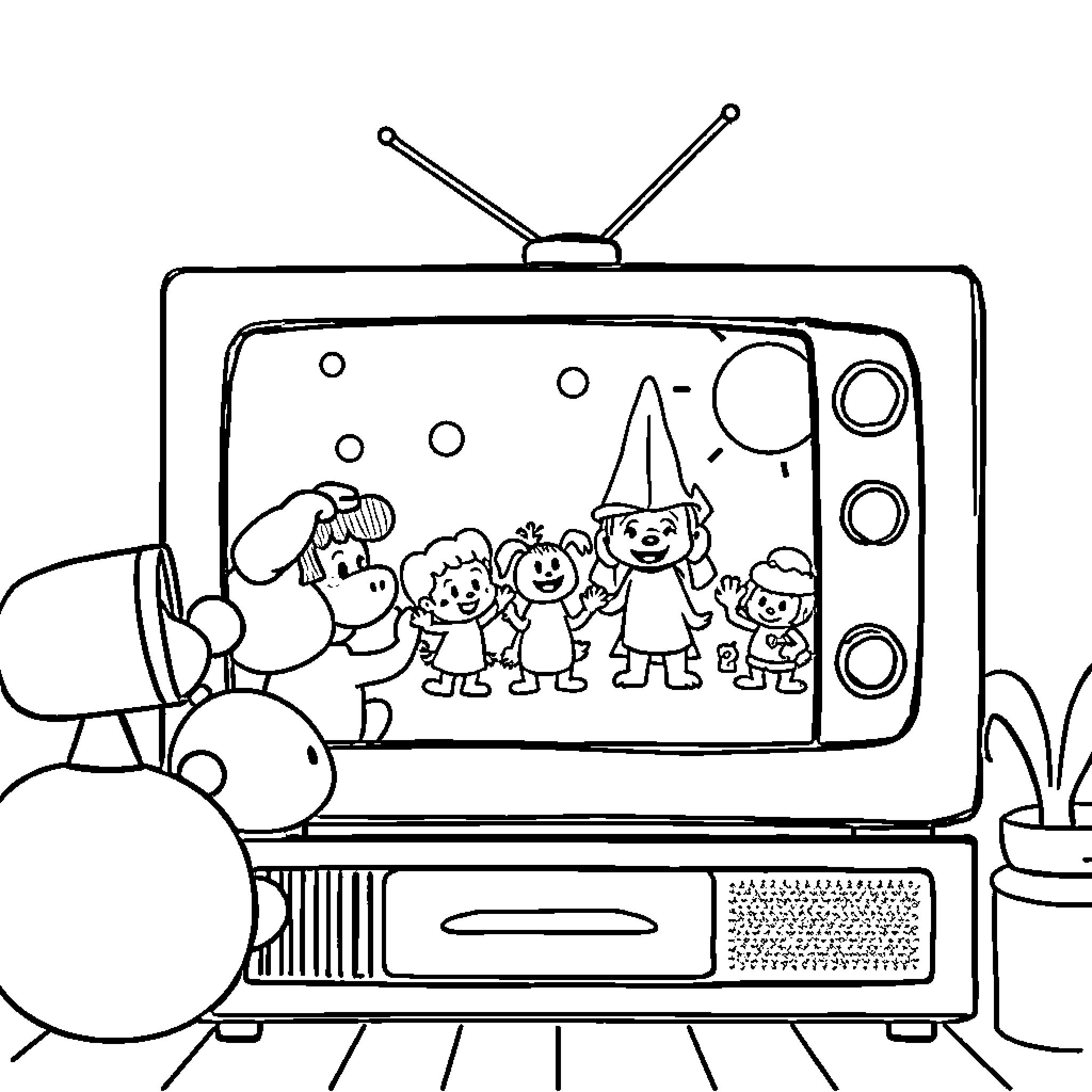 Cartoon characters watching TV together Coloring Page (free black-and-white line drawing printable PDF for all, from beginners to advanced learners, including children, teens, adults, and seniors)