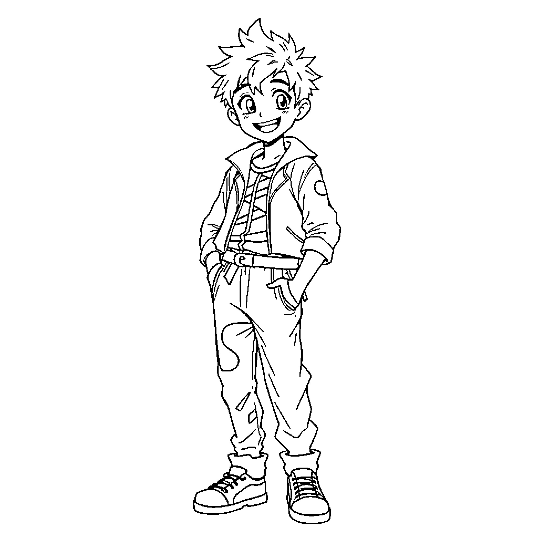 Anime Boy in Casual Outfit and Cheerful Expression Coloring Page (free black-and-white line drawing printable PDF for all, from beginners to advanced learners, including children, teens, adults, and seniors)
