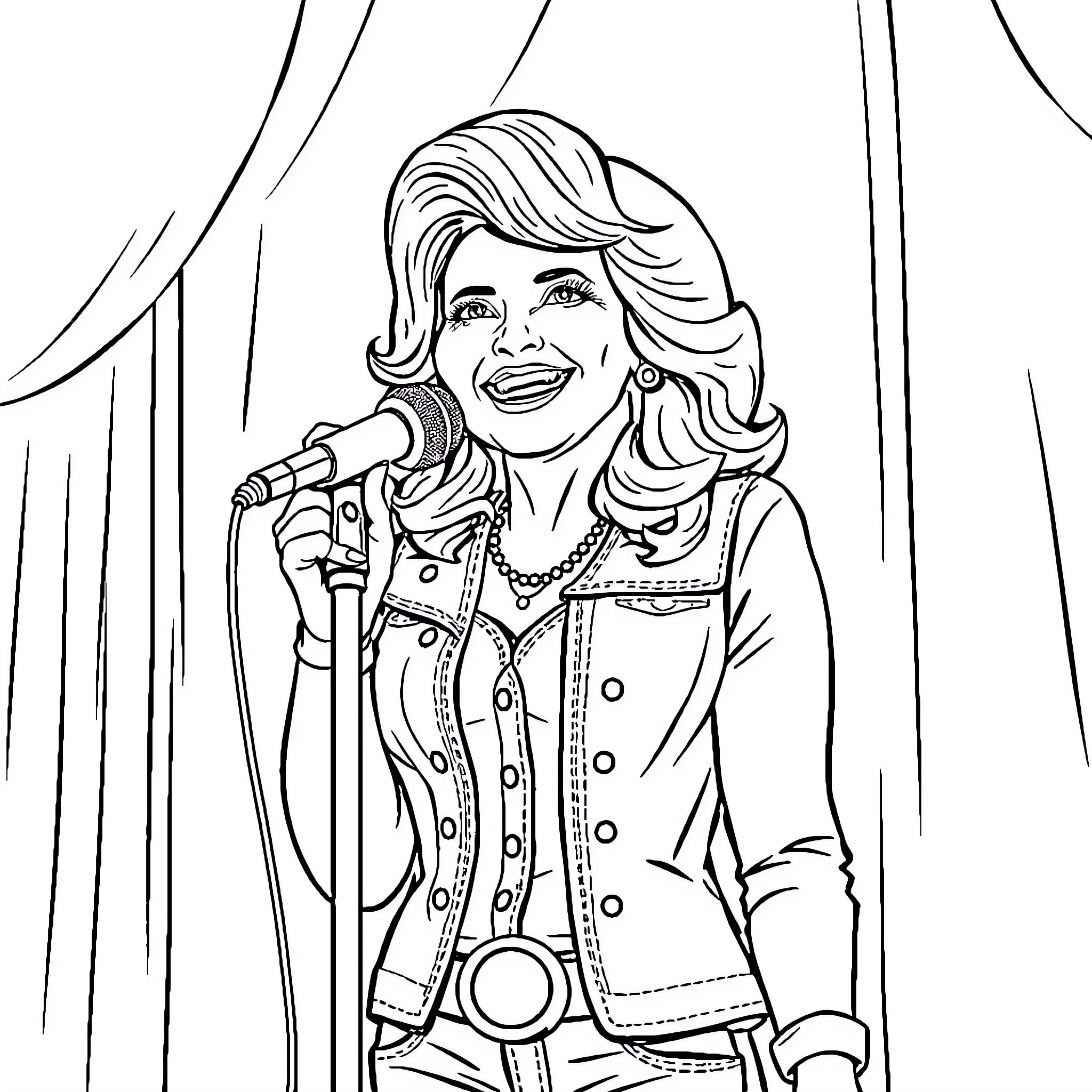 Reba Performing on Stage with Microphone Coloring Page (free black-and-white line drawing printable PDF for all, from beginners to advanced learners, including children, teens, adults, and seniors)
