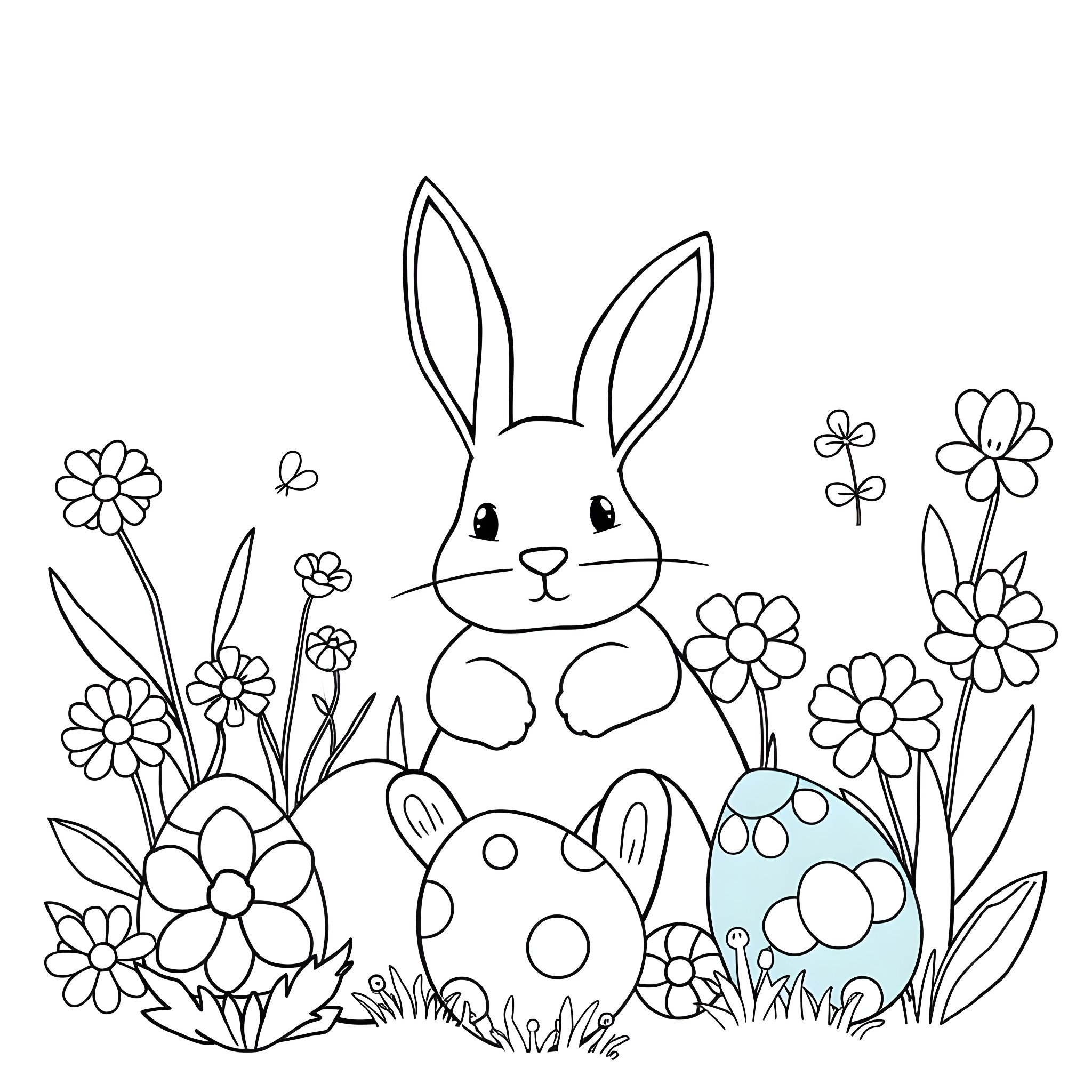 Easter bunnies frolicking among flowers and eggs Coloring Page (free black-and-white line drawing printable PDF for all, from beginners to advanced learners, including children, teens, adults, and seniors)