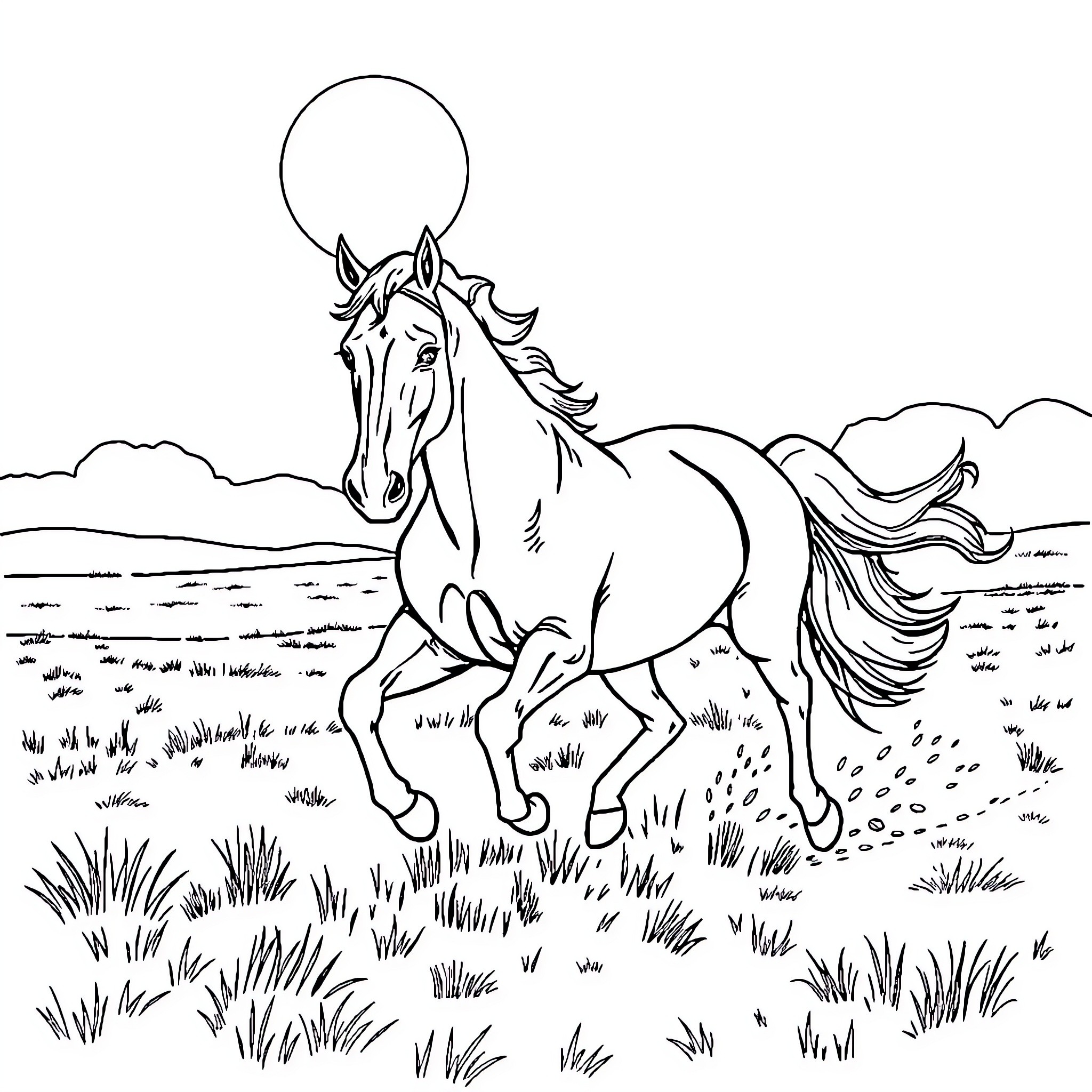 Horse galloping freely in the countryside Coloring Page (free black-and-white line drawing printable PDF for all, from beginners to advanced learners, including children, teens, adults, and seniors)