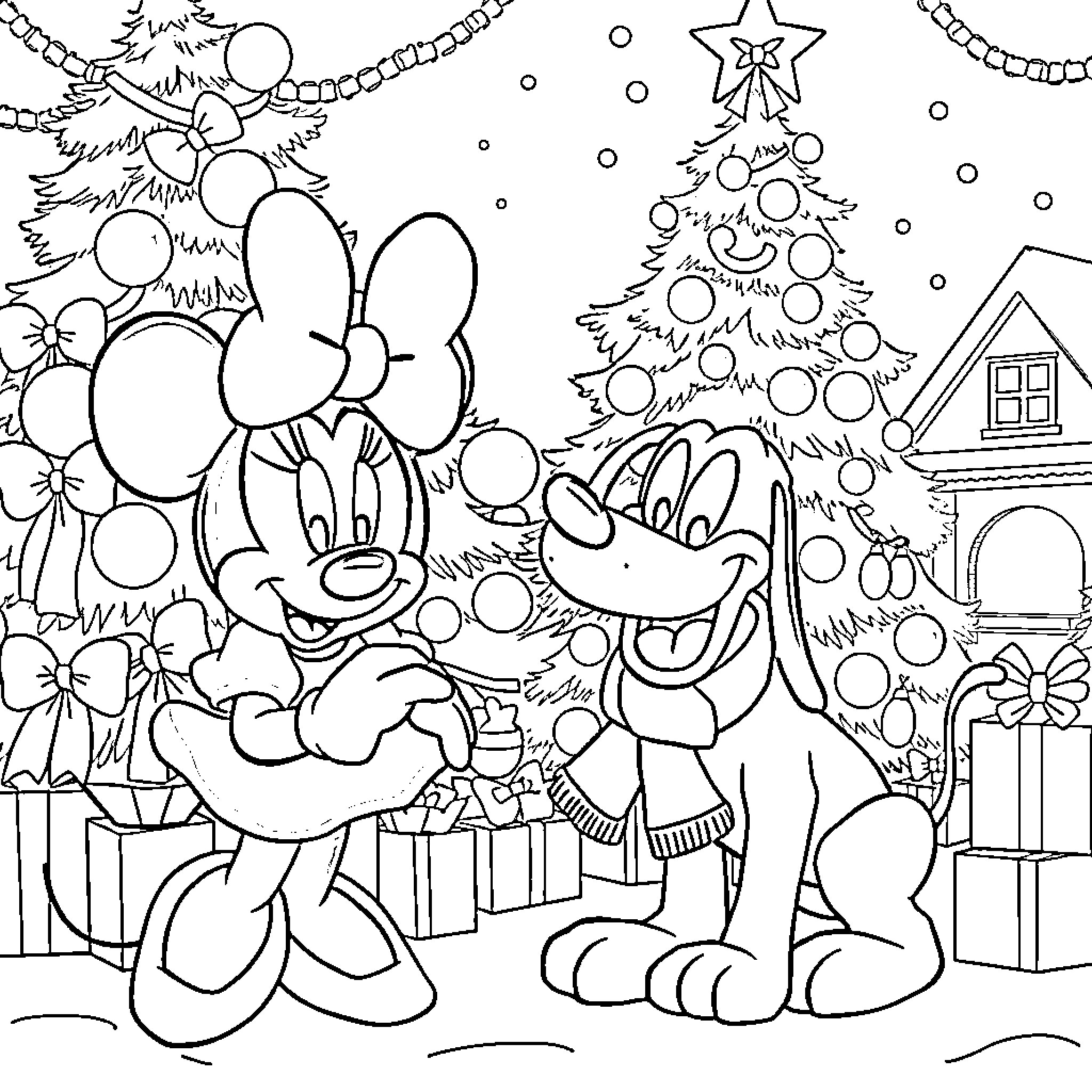 Minnie Mouse and Mickey Mouse celebrating Christmas Coloring Page (free black-and-white line drawing printable PDF for all, from beginners to advanced learners, including children, teens, adults, and seniors)
