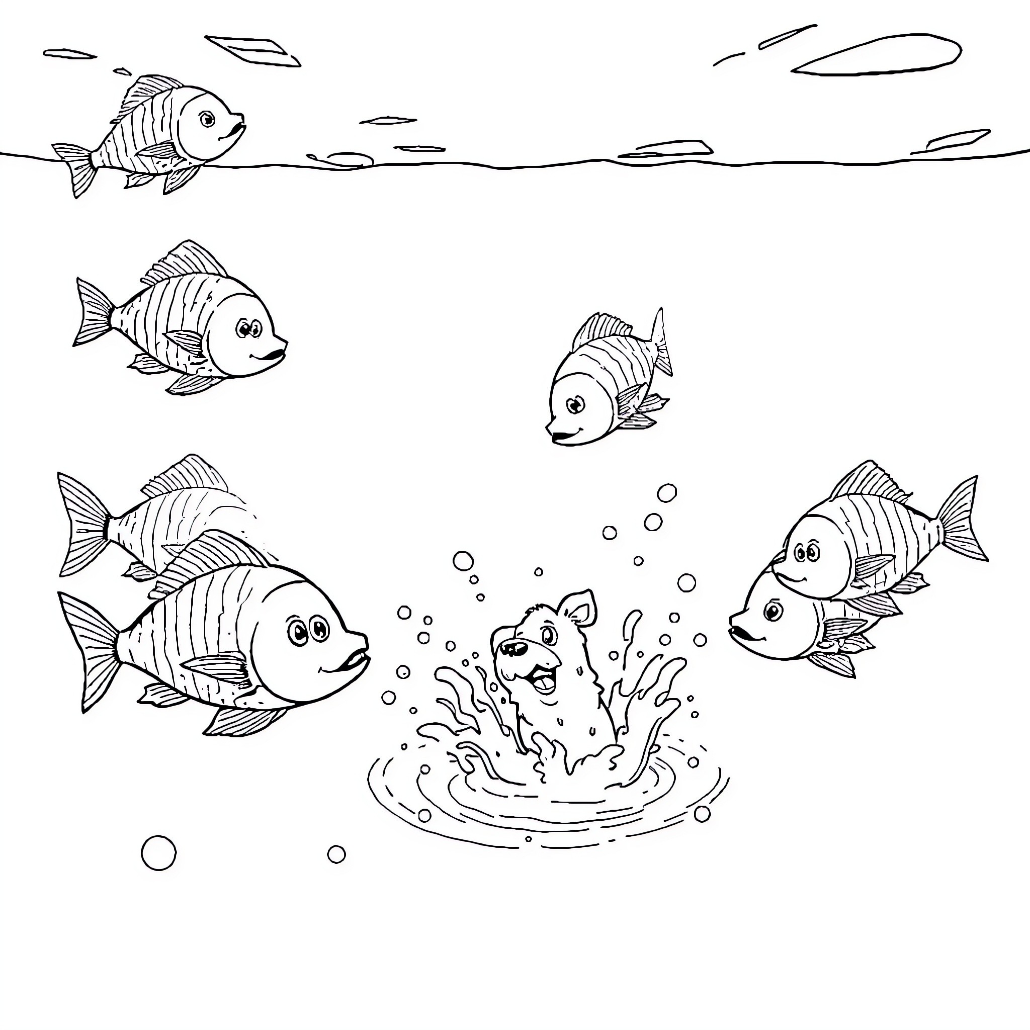 Fish swimming and splashing in the water Coloring Page (free black-and-white line drawing printable PDF for all, from beginners to advanced learners, including children, teens, adults, and seniors)