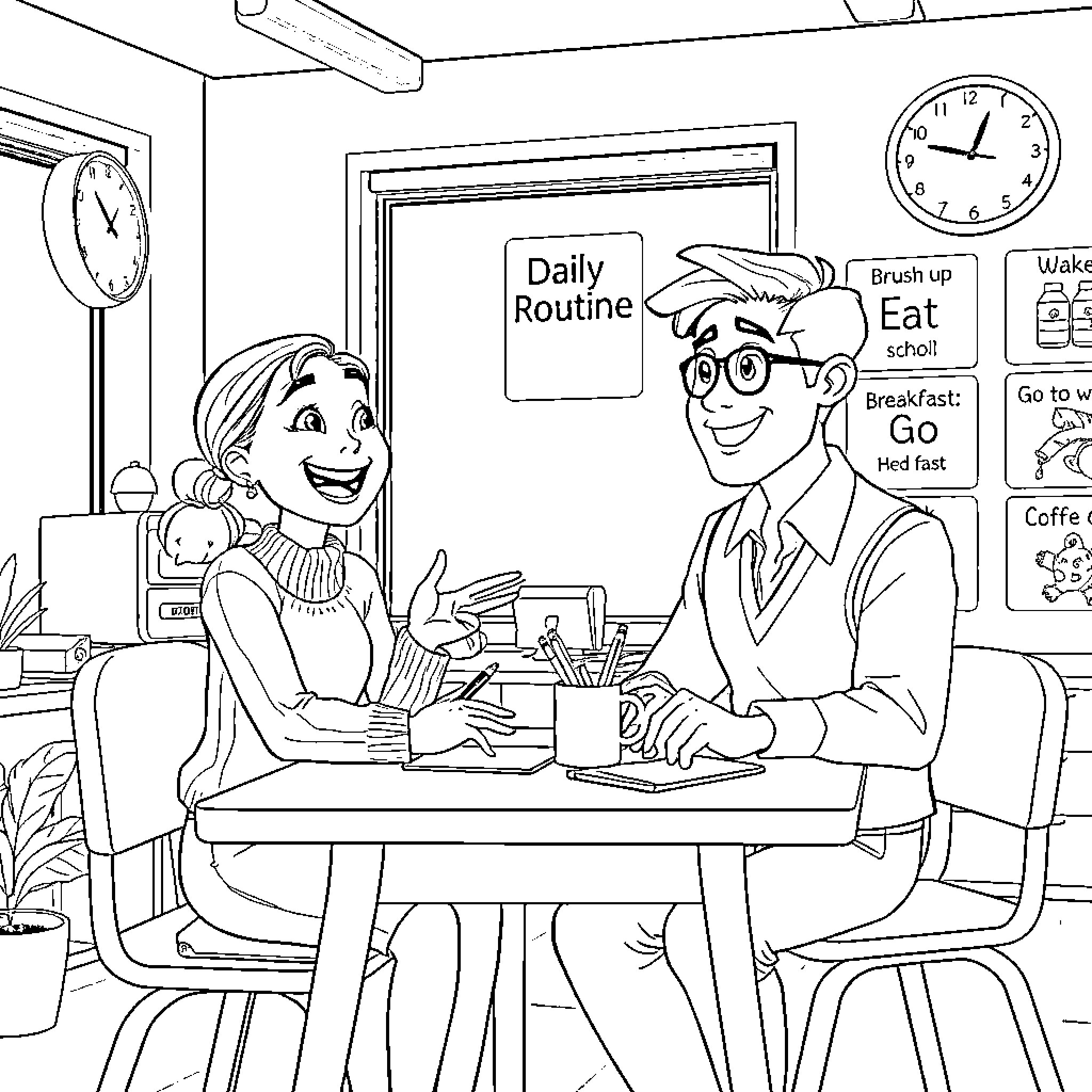 Teacher and Student Discussing Daily Routine Coloring Page (free black-and-white line drawing printable PDF for all, from beginners to advanced learners, including children, teens, adults, and seniors)