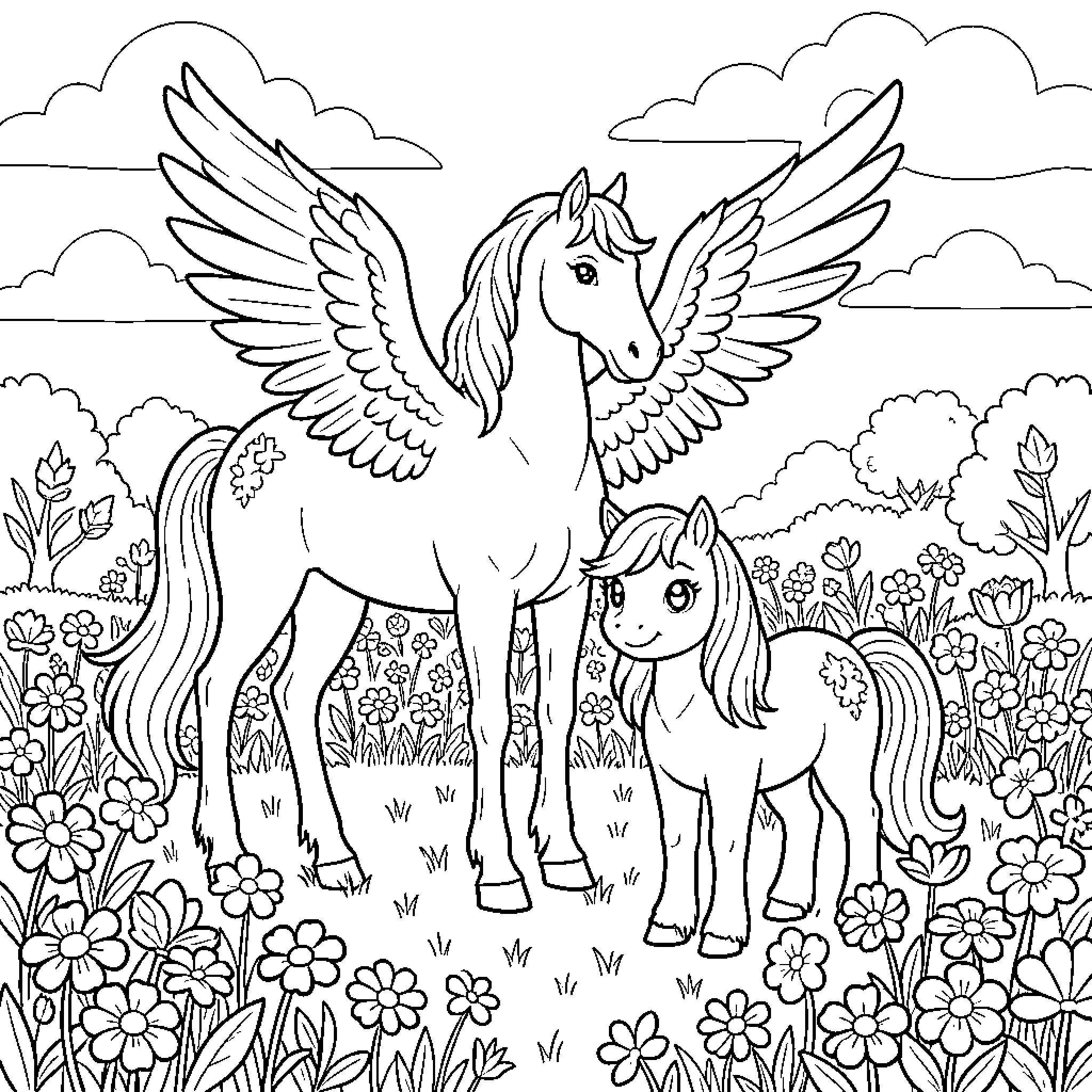Pegasus and young foal frolicking in a flower-filled meadow Coloring Page (free black-and-white line drawing printable PDF for all, from beginners to advanced learners, including children, teens, adults, and seniors)