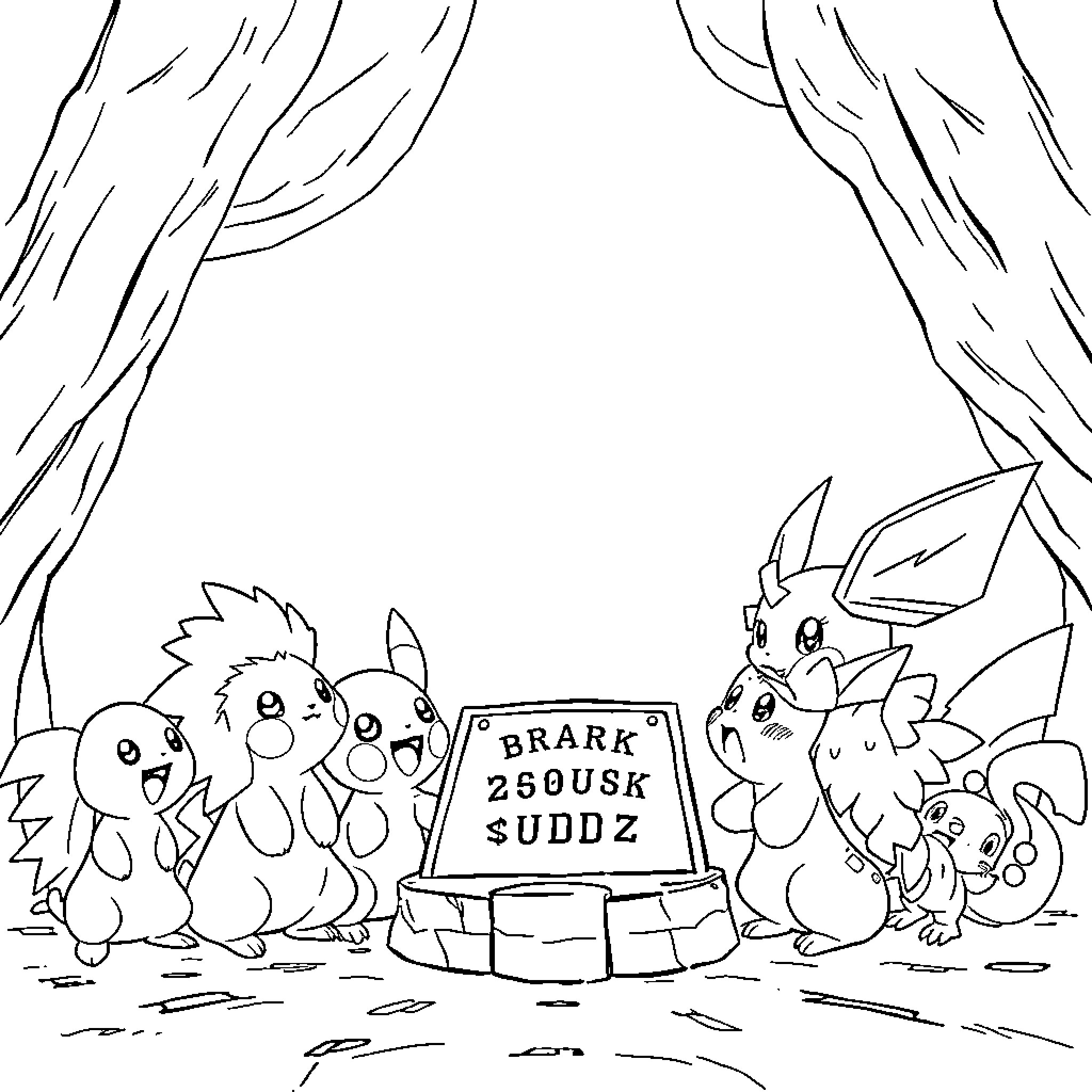 Pokémon Characters Gathering Around a Sign Coloring Page (free black-and-white line drawing printable PDF for all, from beginners to advanced learners, including children, teens, adults, and seniors)