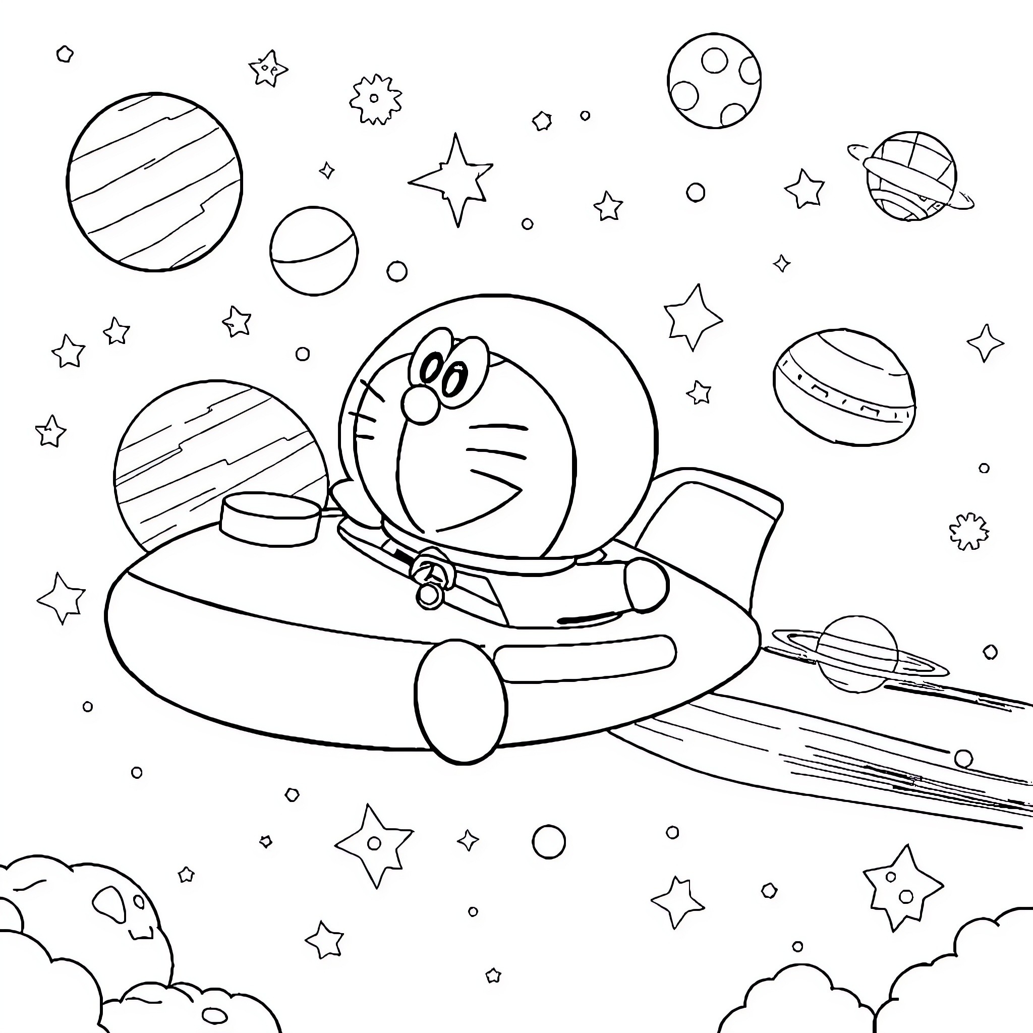 Doraemon's Galactic Adventure in Spaceship Coloring Page (free black-and-white line drawing printable PDF for all, from beginners to advanced learners, including children, teens, adults, and seniors)