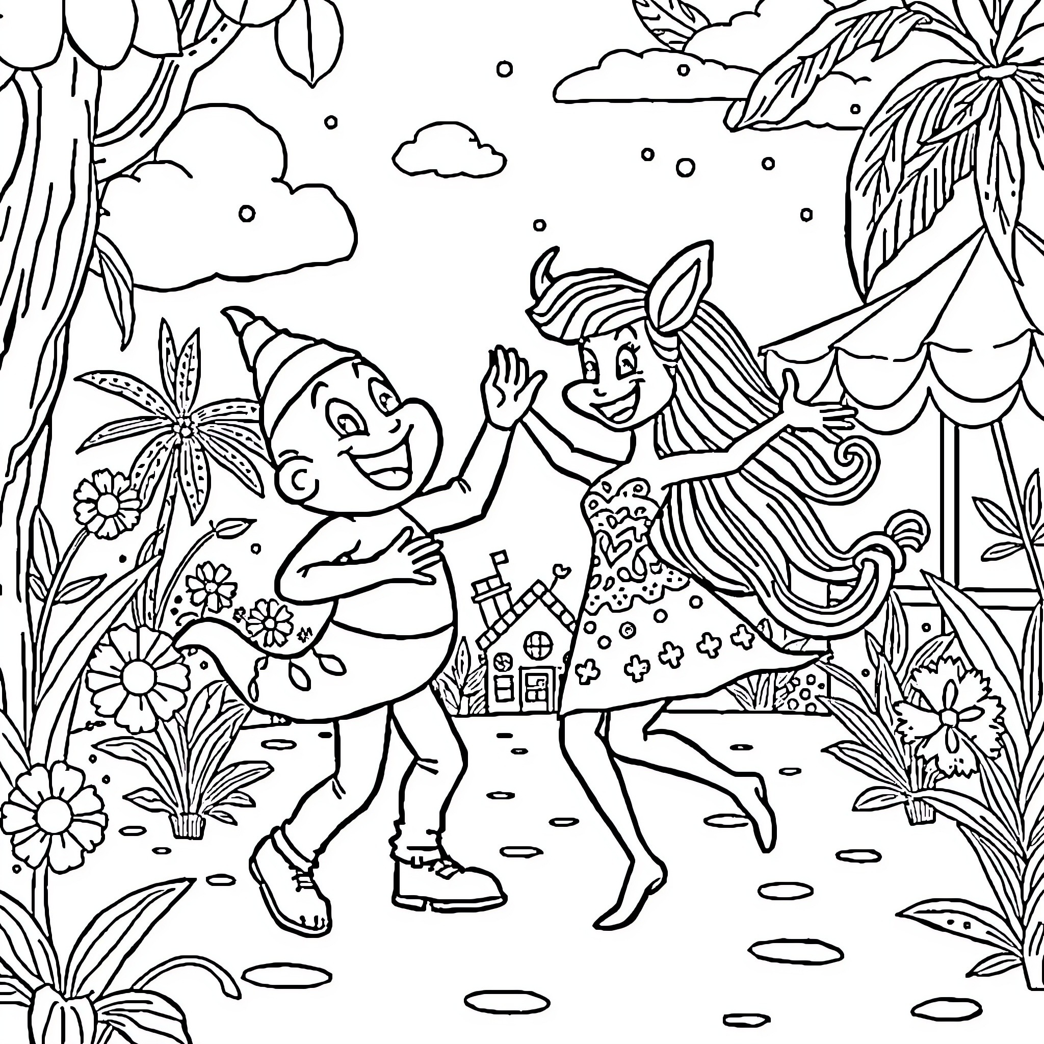 Skibidi characters dancing and playing in a tropical setting Coloring Page (free black-and-white line drawing printable PDF for all, from beginners to advanced learners, including children, teens, adults, and seniors)
