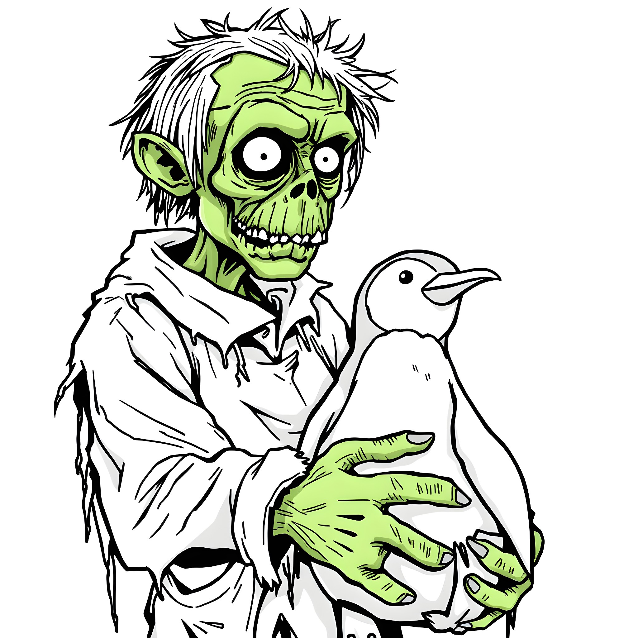 Zombie holding a penguin with a creepy expression Coloring Page (free black-and-white line drawing printable PDF for all, from beginners to advanced learners, including children, teens, adults, and seniors)
