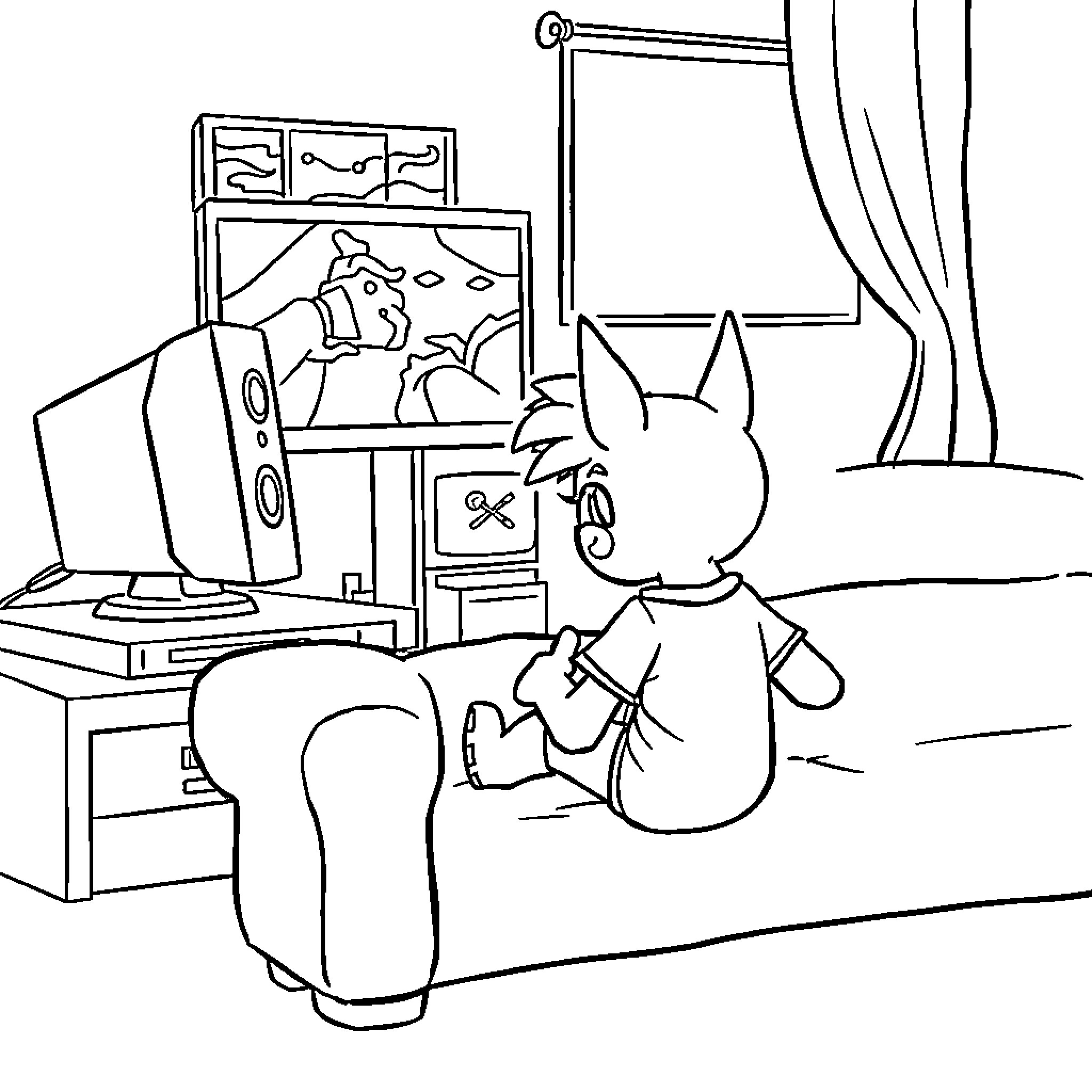 Friend watching cartoon on television Coloring Page (free black-and-white line drawing printable PDF for all, from beginners to advanced learners, including children, teens, adults, and seniors)