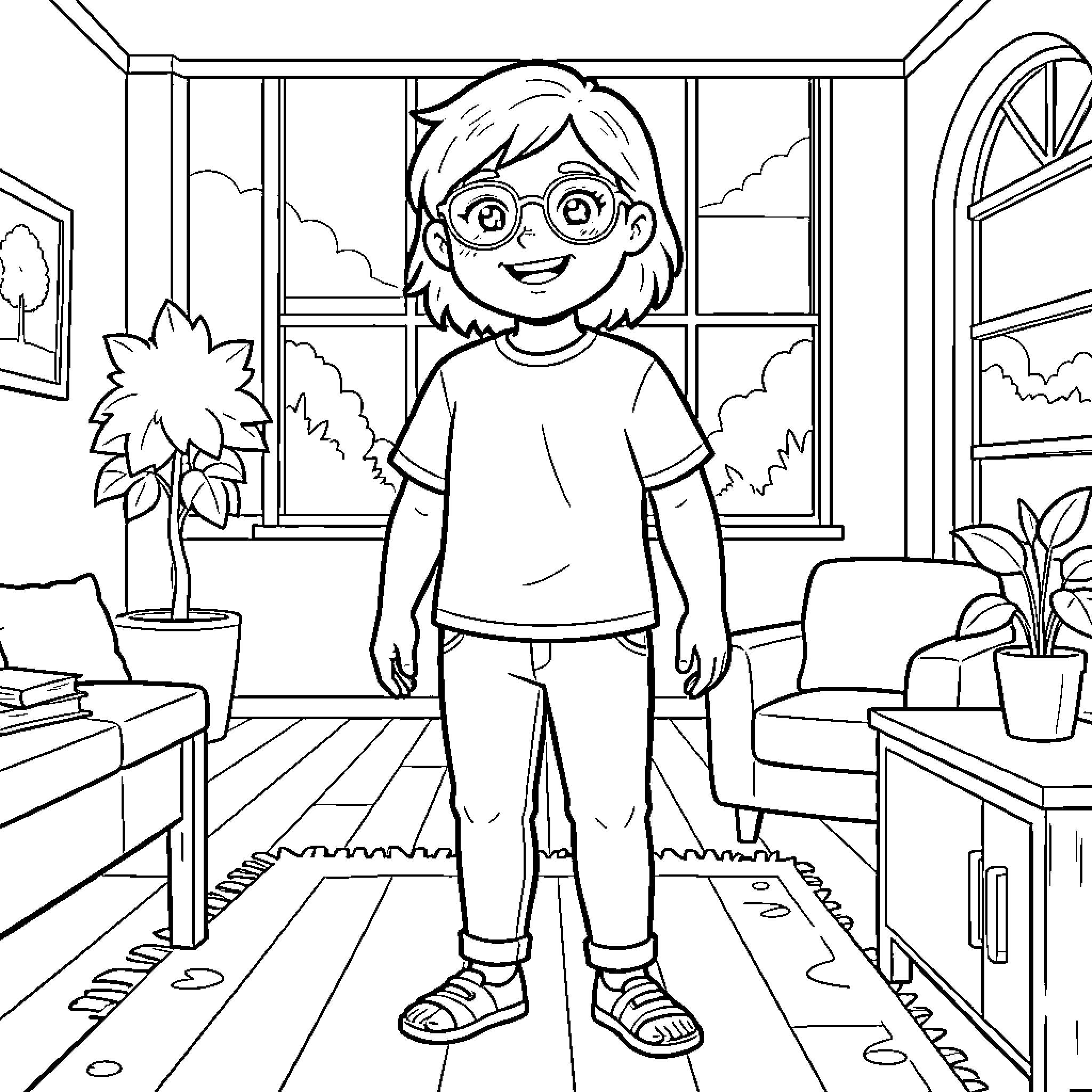Me Exploring a Cozy Indoor Scene Coloring Page (free black-and-white line drawing printable PDF for all, from beginners to advanced learners, including children, teens, adults, and seniors)
