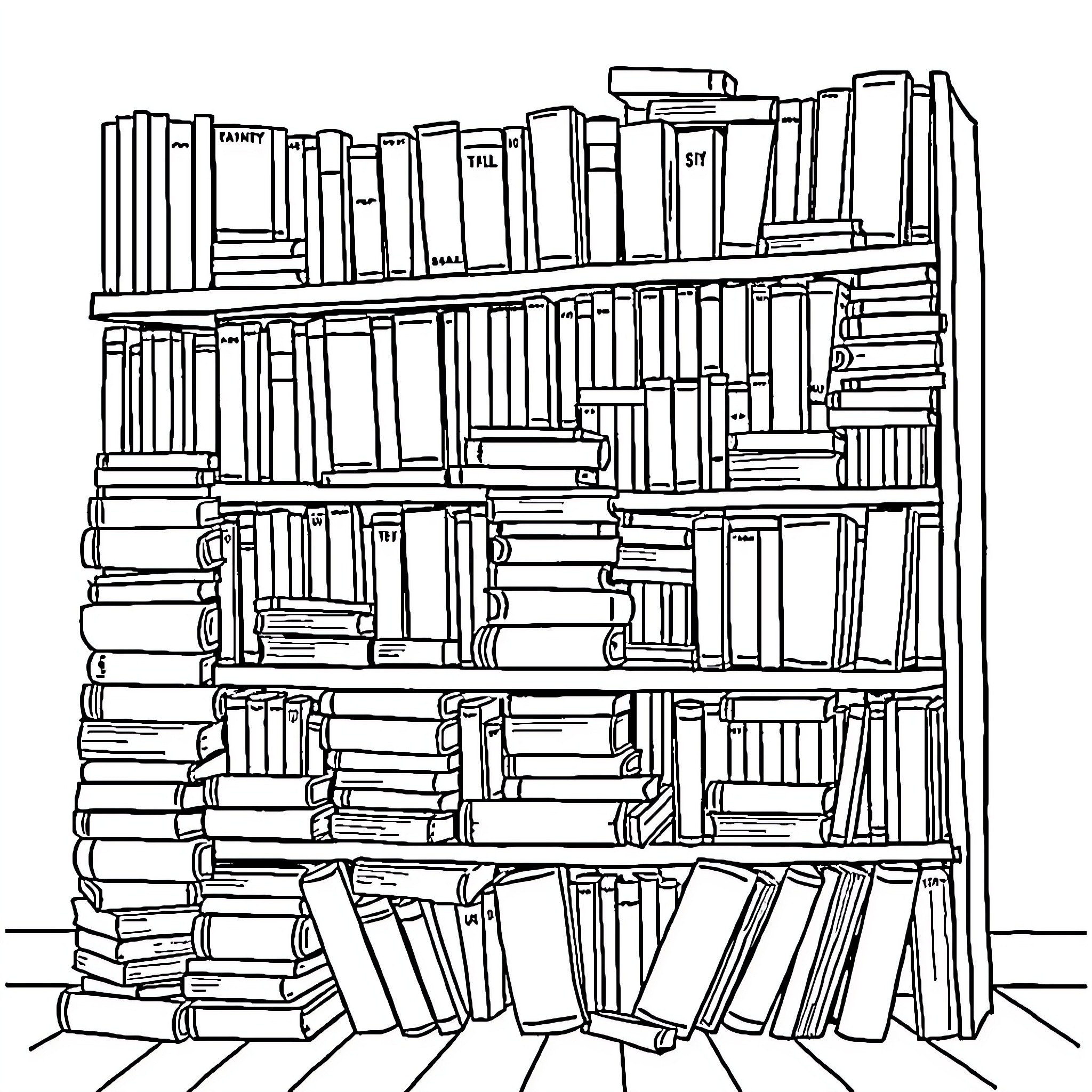 Bookshelf filled with various books Coloring Page (free black-and-white line drawing printable PDF for all, from beginners to advanced learners, including children, teens, adults, and seniors)