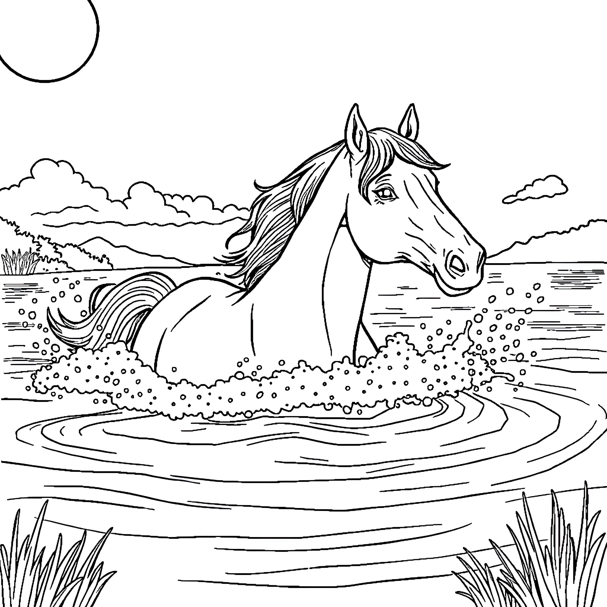 Horse standing in tranquil pond Coloring Page (free black-and-white line drawing printable PDF for all, from beginners to advanced learners, including children, teens, adults, and seniors)