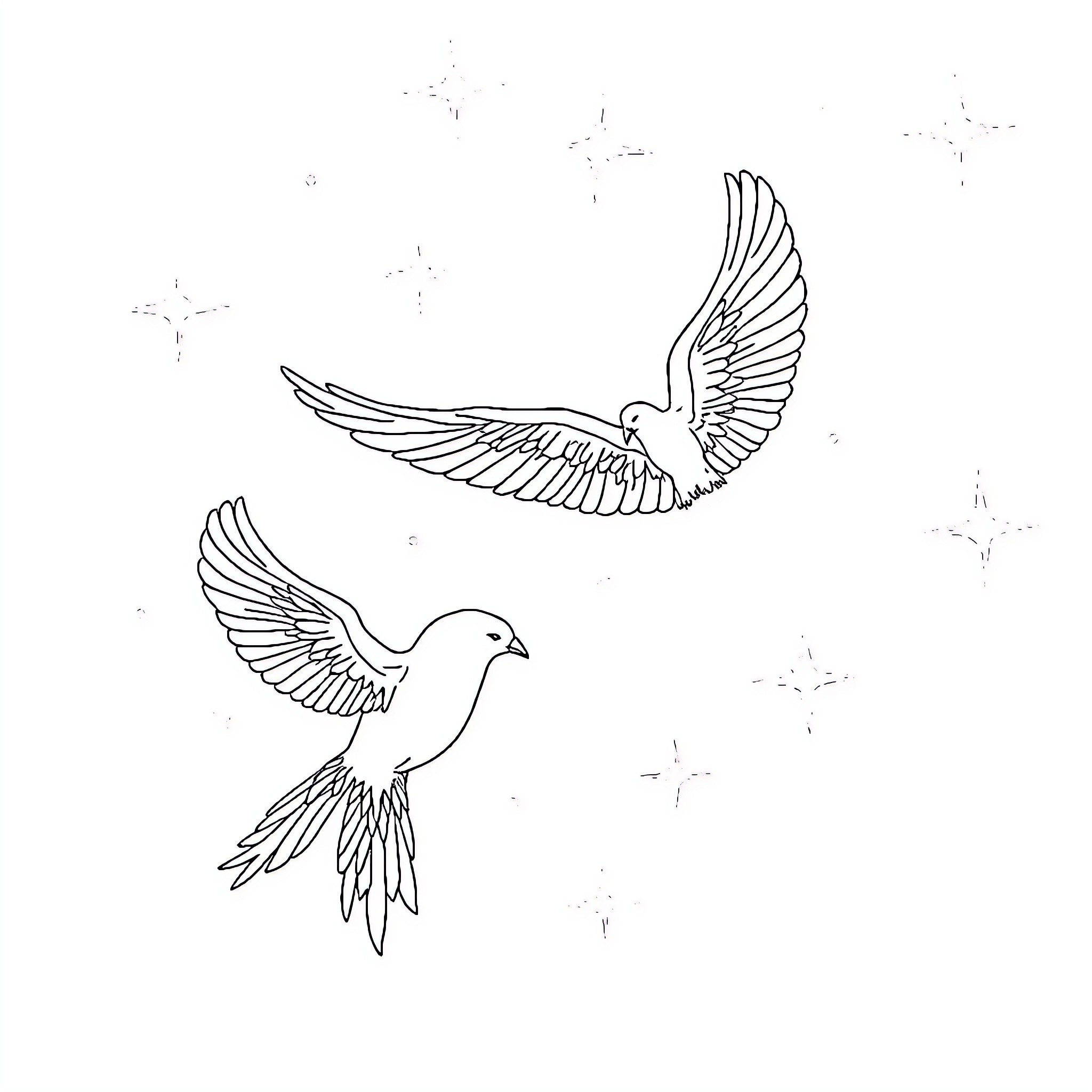 UFO doves soaring through the cosmos Coloring Page (free black-and-white line drawing printable PDF for all, from beginners to advanced learners, including children, teens, adults, and seniors)