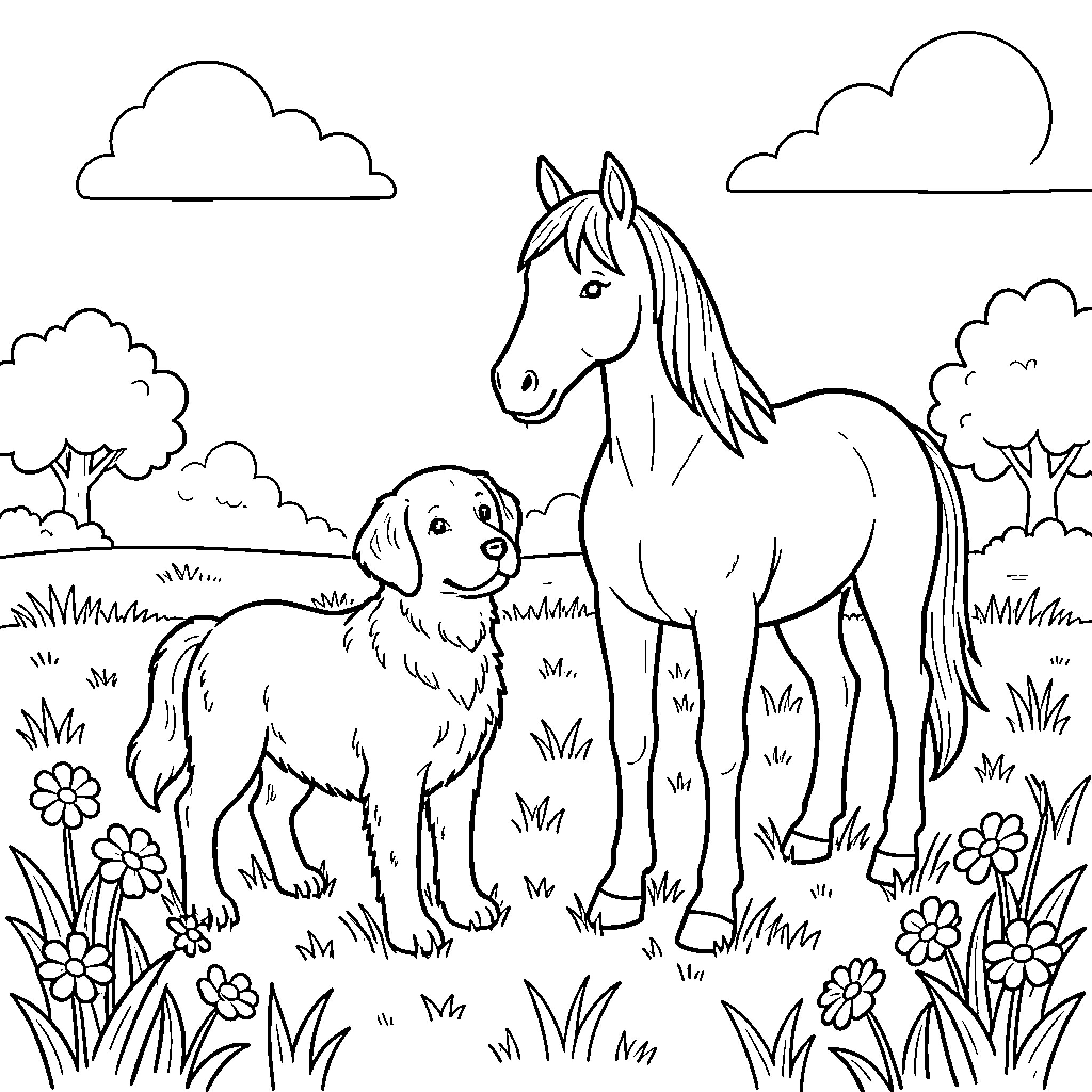 Cat Dog Horse standing together in a meadow Coloring Page (free black-and-white line drawing printable PDF for all, from beginners to advanced learners, including children, teens, adults, and seniors)