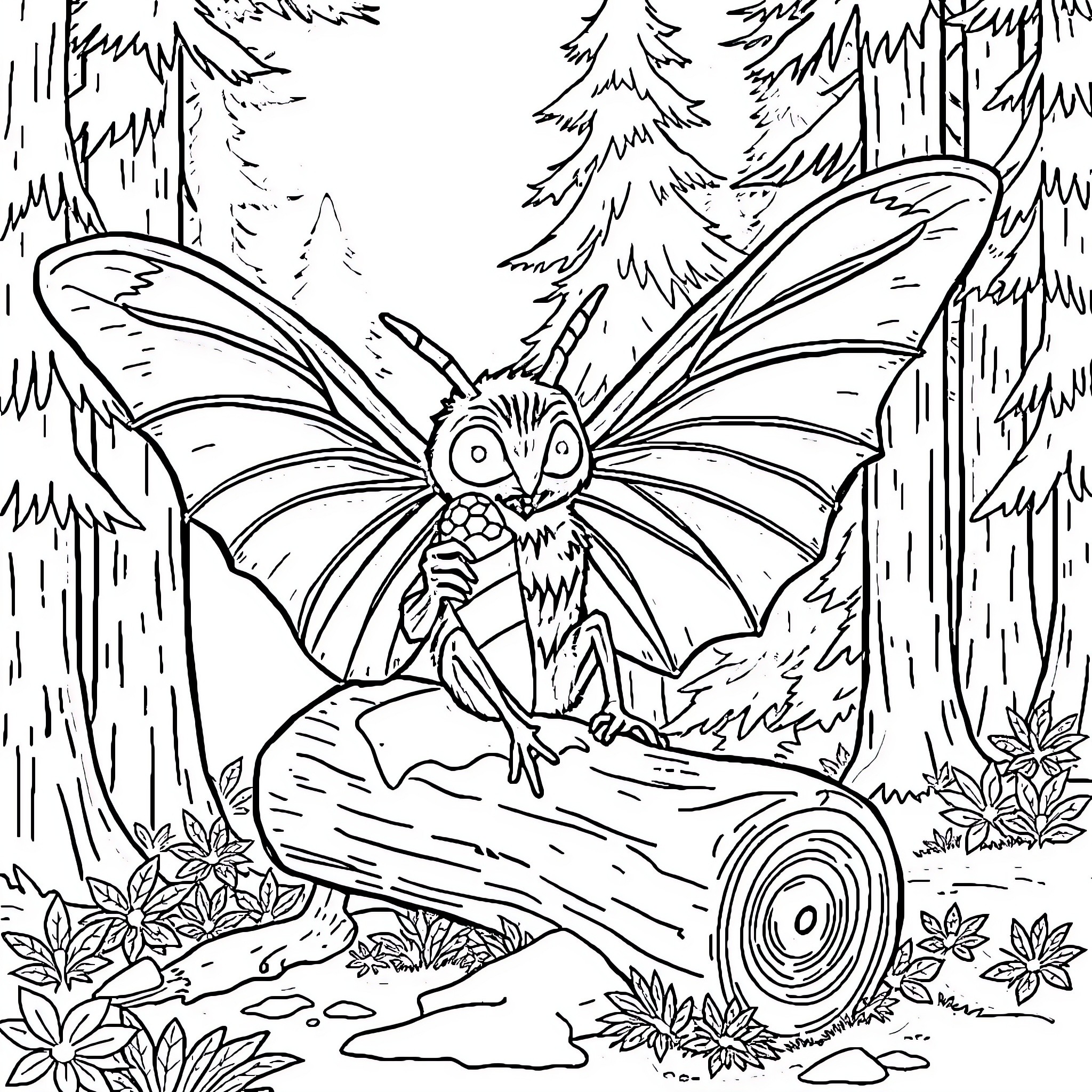 Mothman in the Enchanted Forest Coloring Page (free black-and-white line drawing printable PDF for all, from beginners to advanced learners, including children, teens, adults, and seniors)