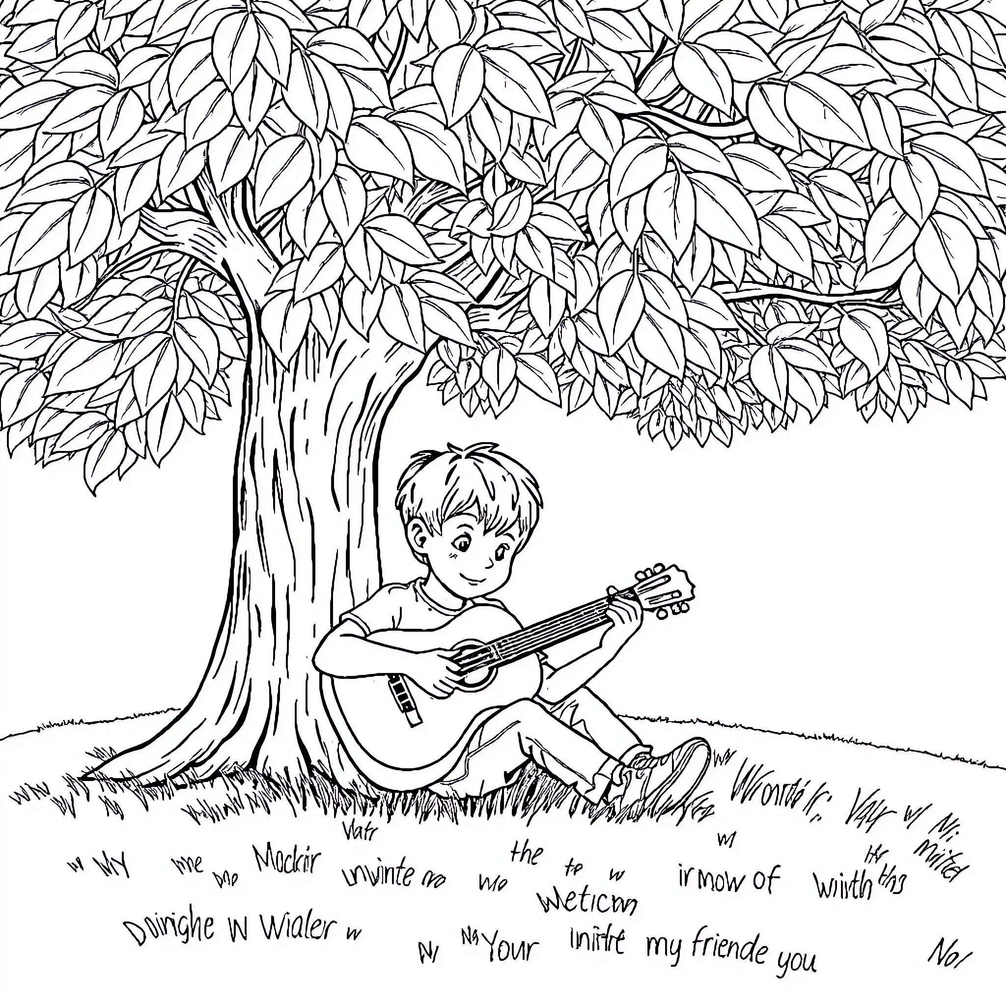 Boy playing guitar under a large tree Coloring Page (free black-and-white line drawing printable PDF for all, from beginners to advanced learners, including children, teens, adults, and seniors)