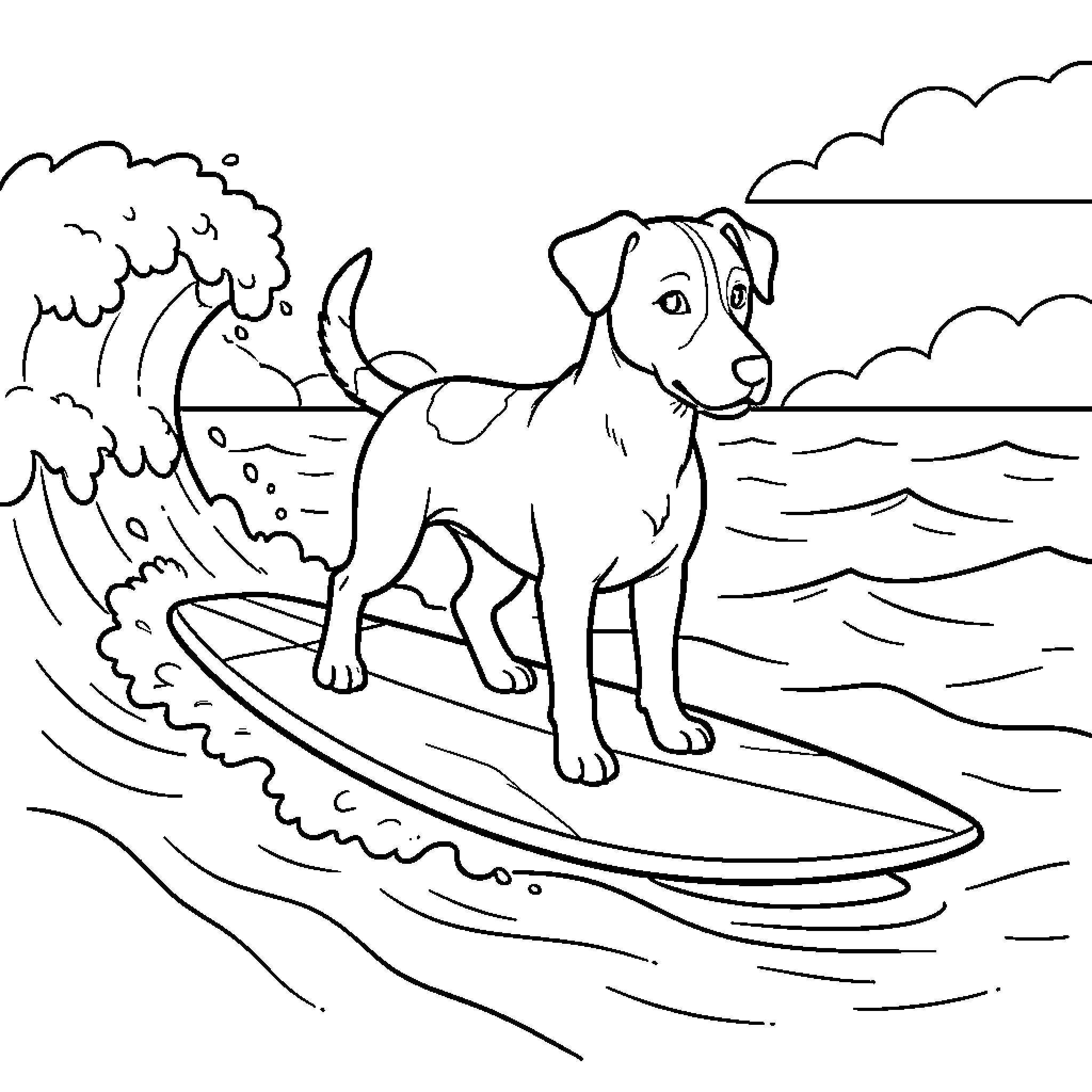 Jack Russell surfing on a large ocean wave Coloring Page (free black-and-white line drawing printable PDF for all, from beginners to advanced learners, including children, teens, adults, and seniors)