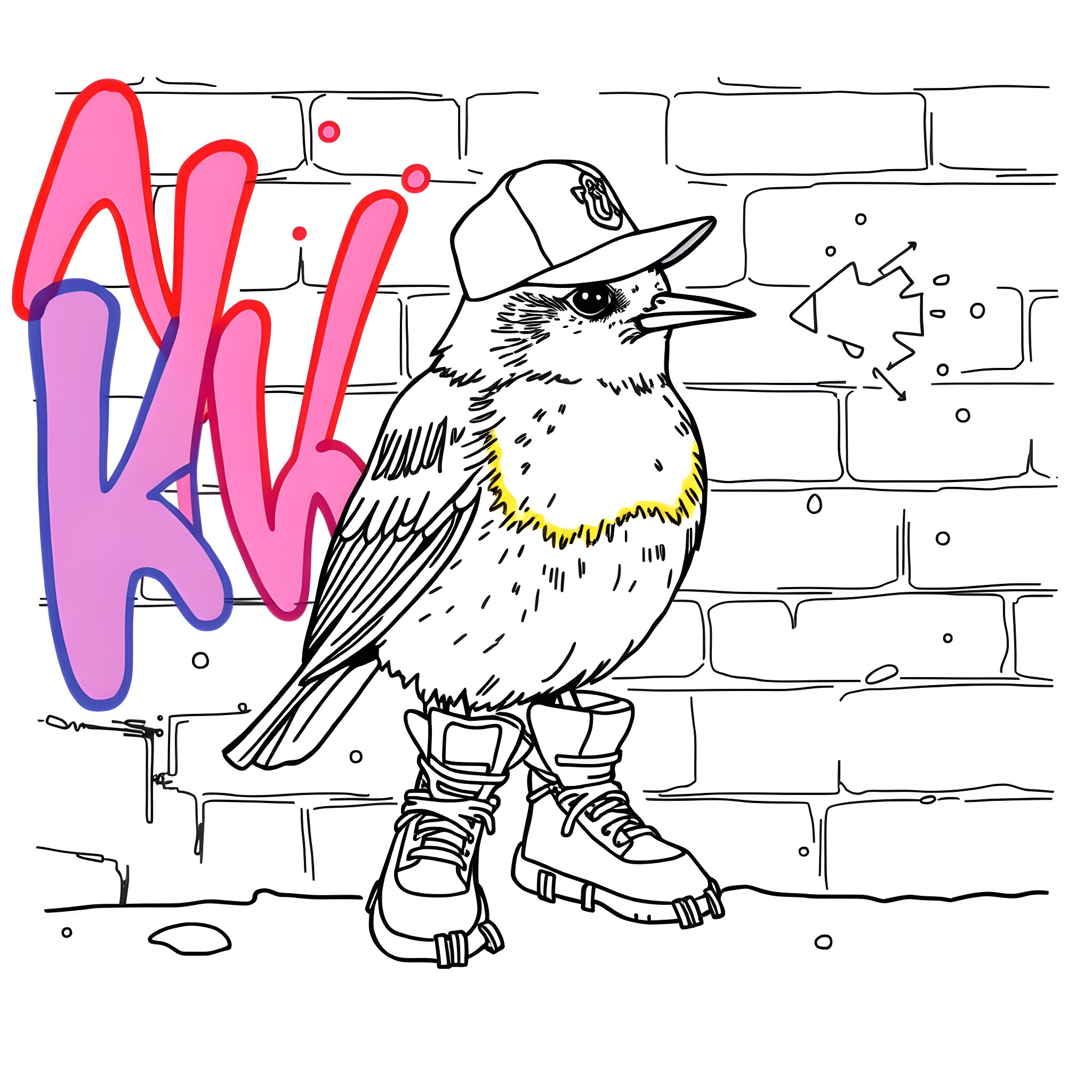 Robin exploring the urban graffiti Coloring Page (free black-and-white line drawing printable PDF for all, from beginners to advanced learners, including children, teens, adults, and seniors)