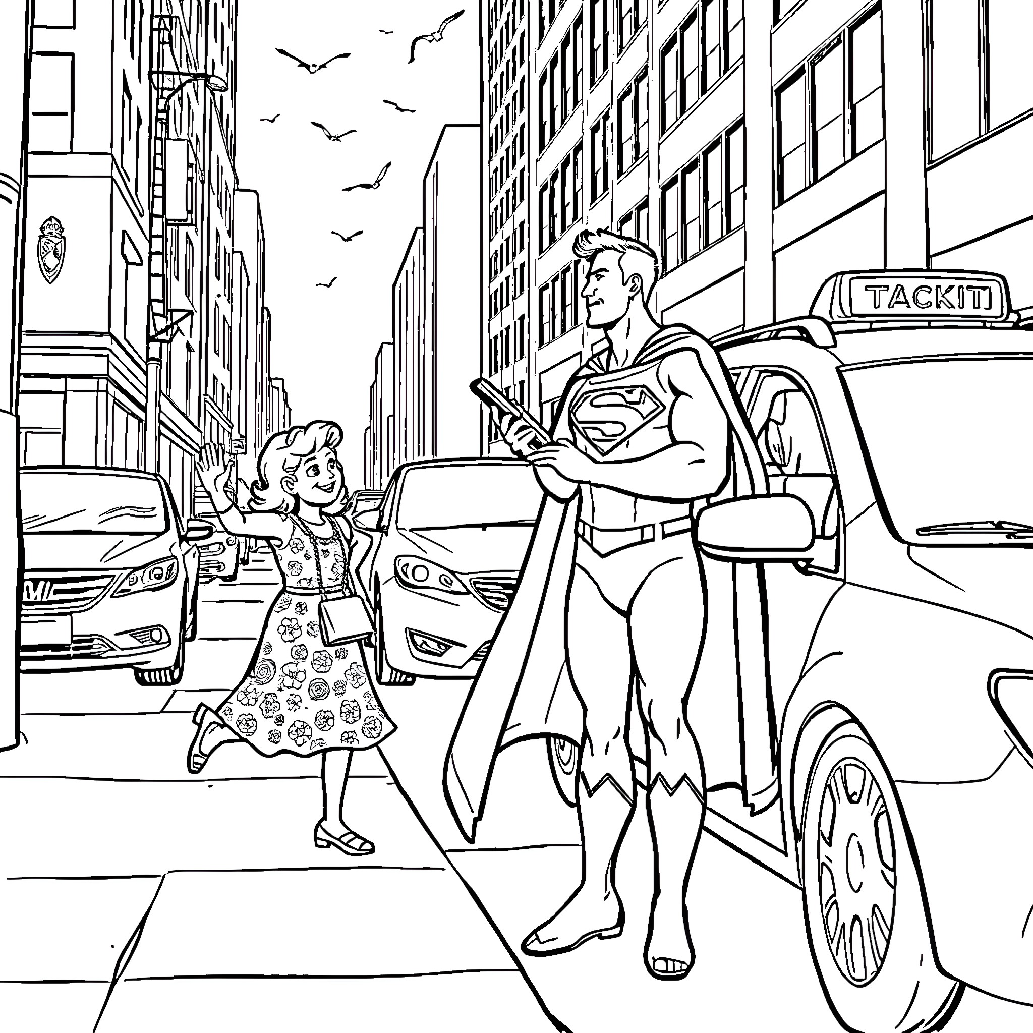 Superman rescuing a young girl in the city Coloring Page (free black-and-white line drawing printable PDF for all, from beginners to advanced learners, including children, teens, adults, and seniors)