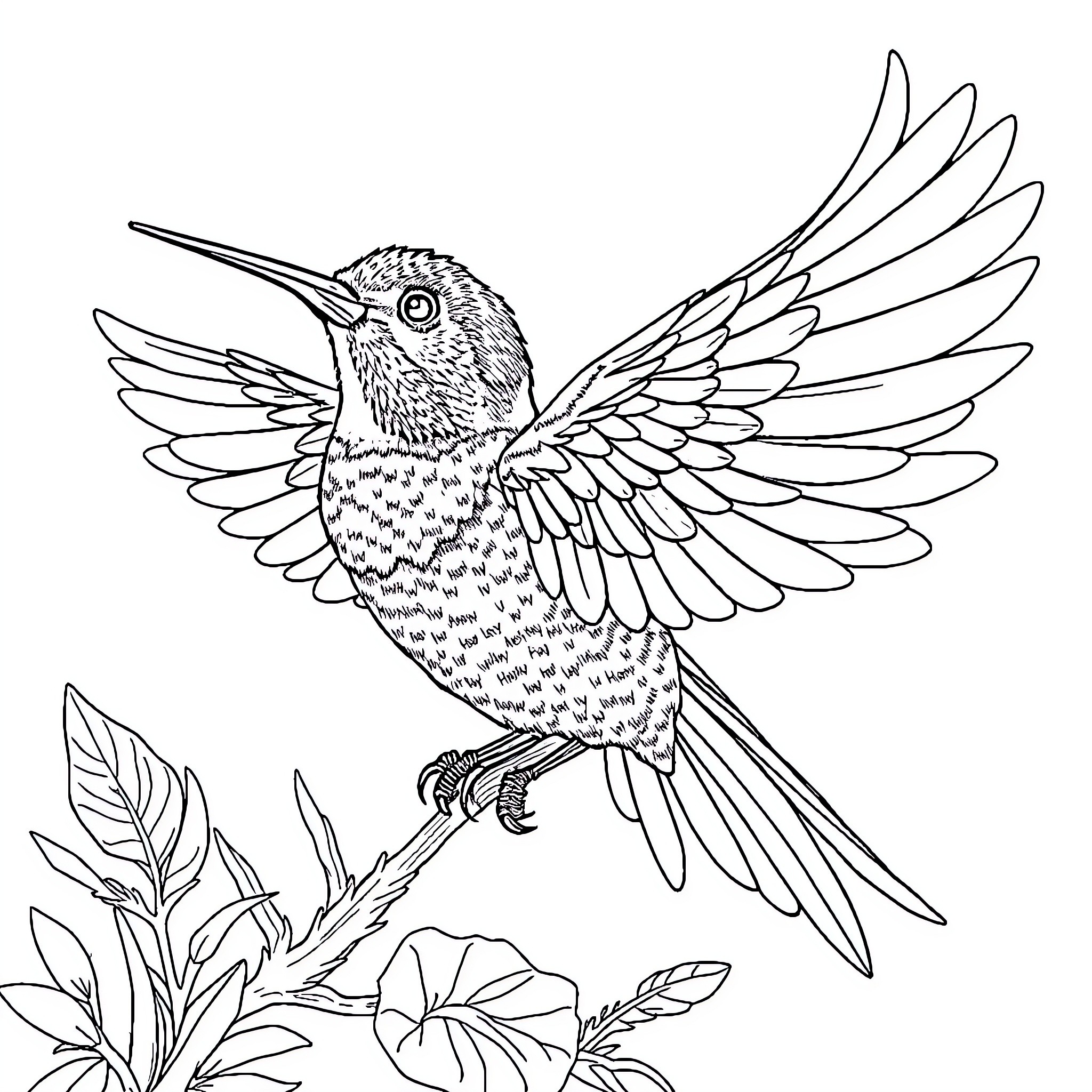 Hummingbird hovering gracefully among flowers Coloring Page (free black-and-white line drawing printable PDF for all, from beginners to advanced learners, including children, teens, adults, and seniors)