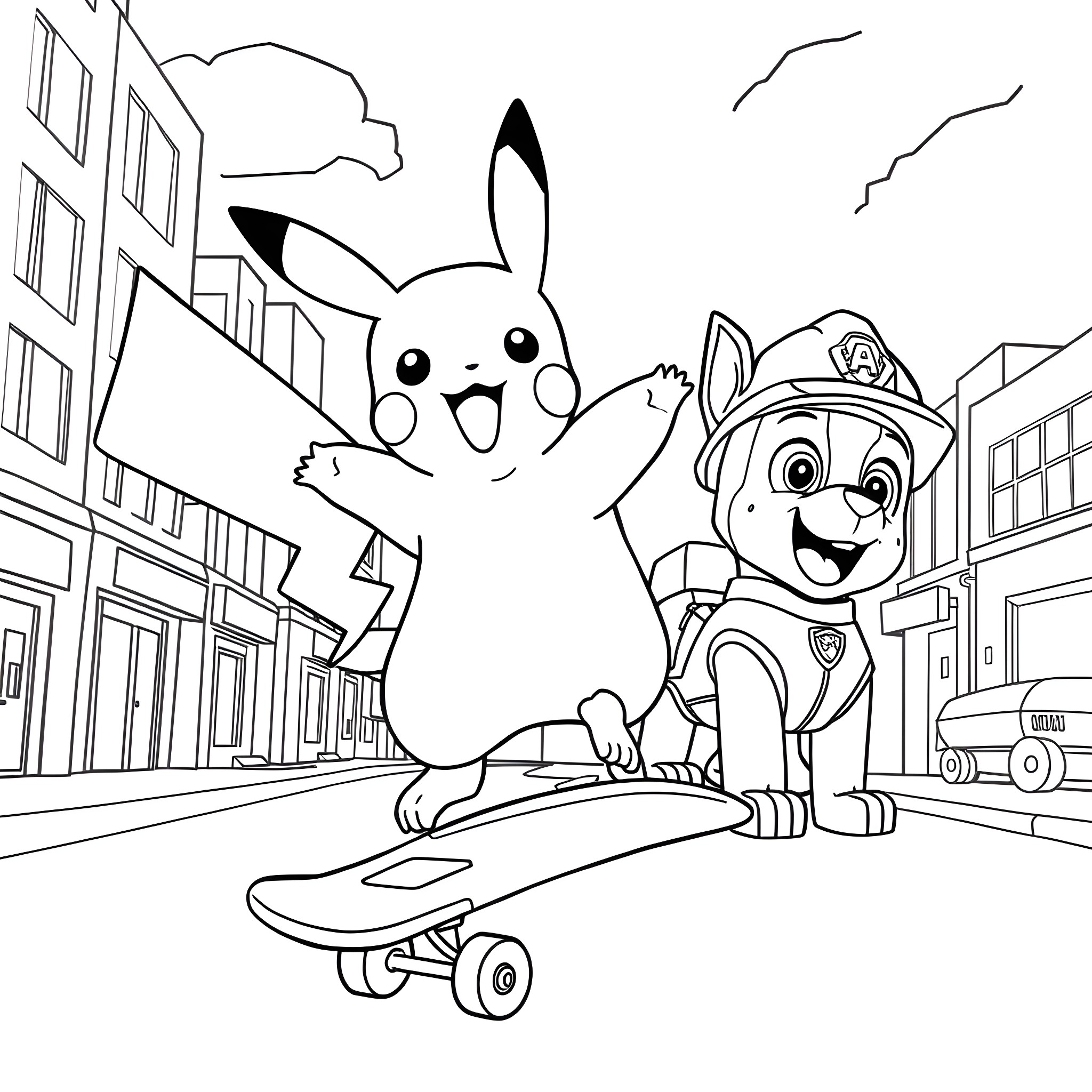 Pikachu playing with a skateboarding pup Coloring Page (free black-and-white line drawing printable PDF for all, from beginners to advanced learners, including children, teens, adults, and seniors)
