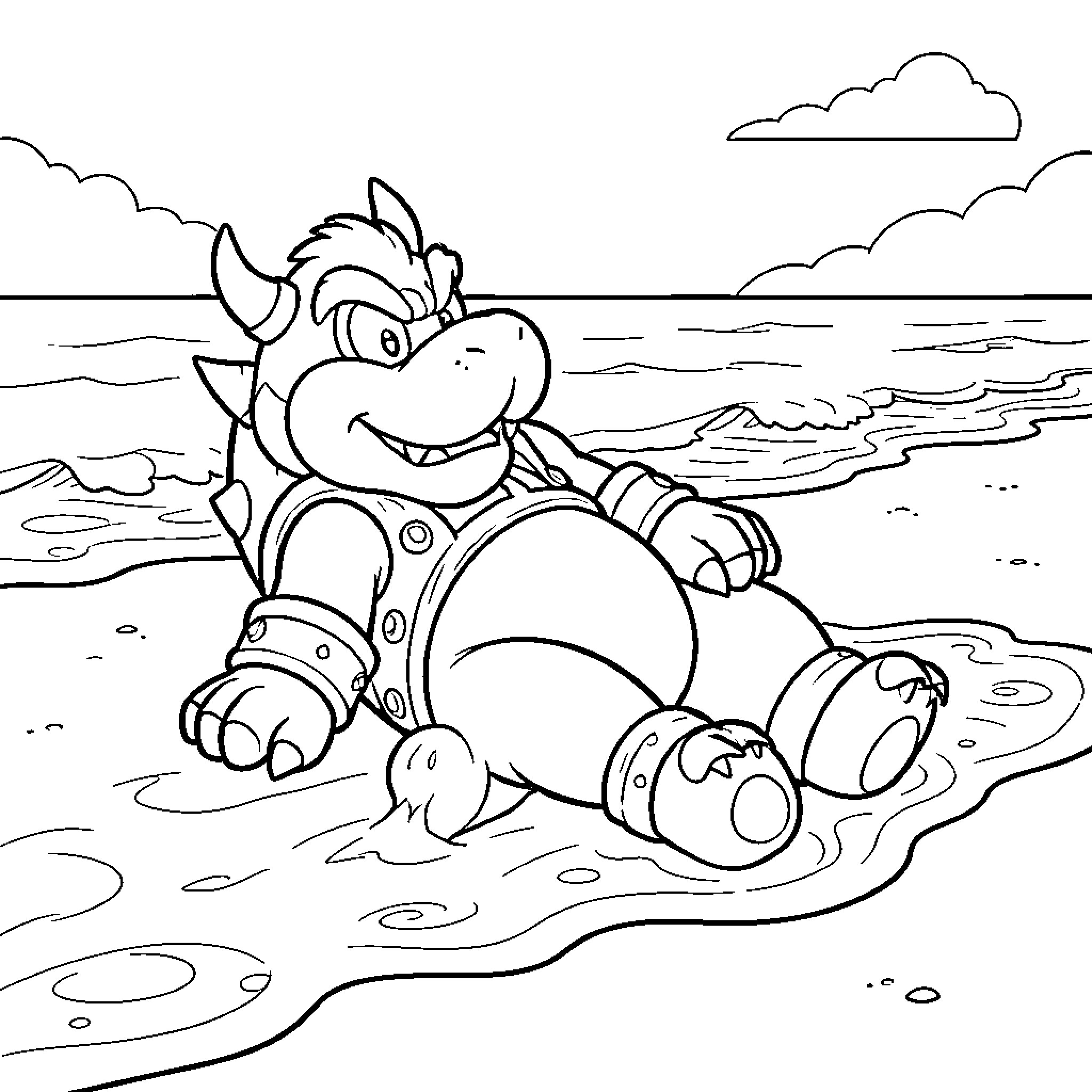 Bowser relaxing on the beach Coloring Page (free black-and-white line drawing printable PDF for all, from beginners to advanced learners, including children, teens, adults, and seniors)