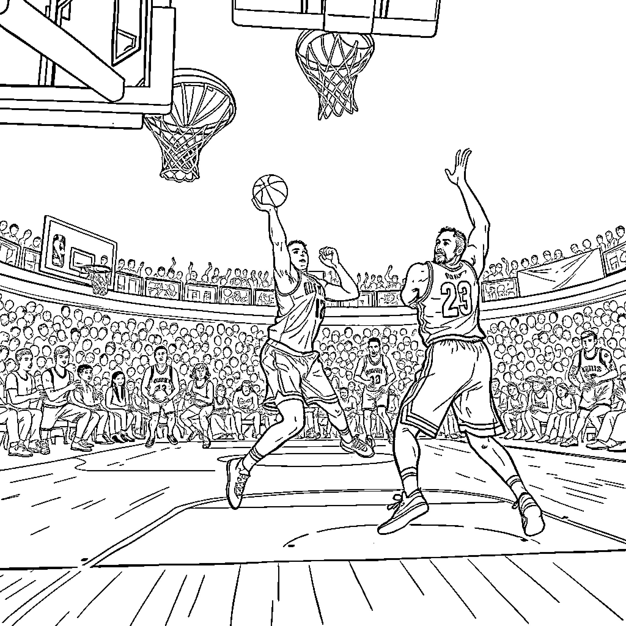 NBA Basketball Players in Action on Court Coloring Page (free black-and-white line drawing printable PDF for all, from beginners to advanced learners, including children, teens, adults, and seniors)