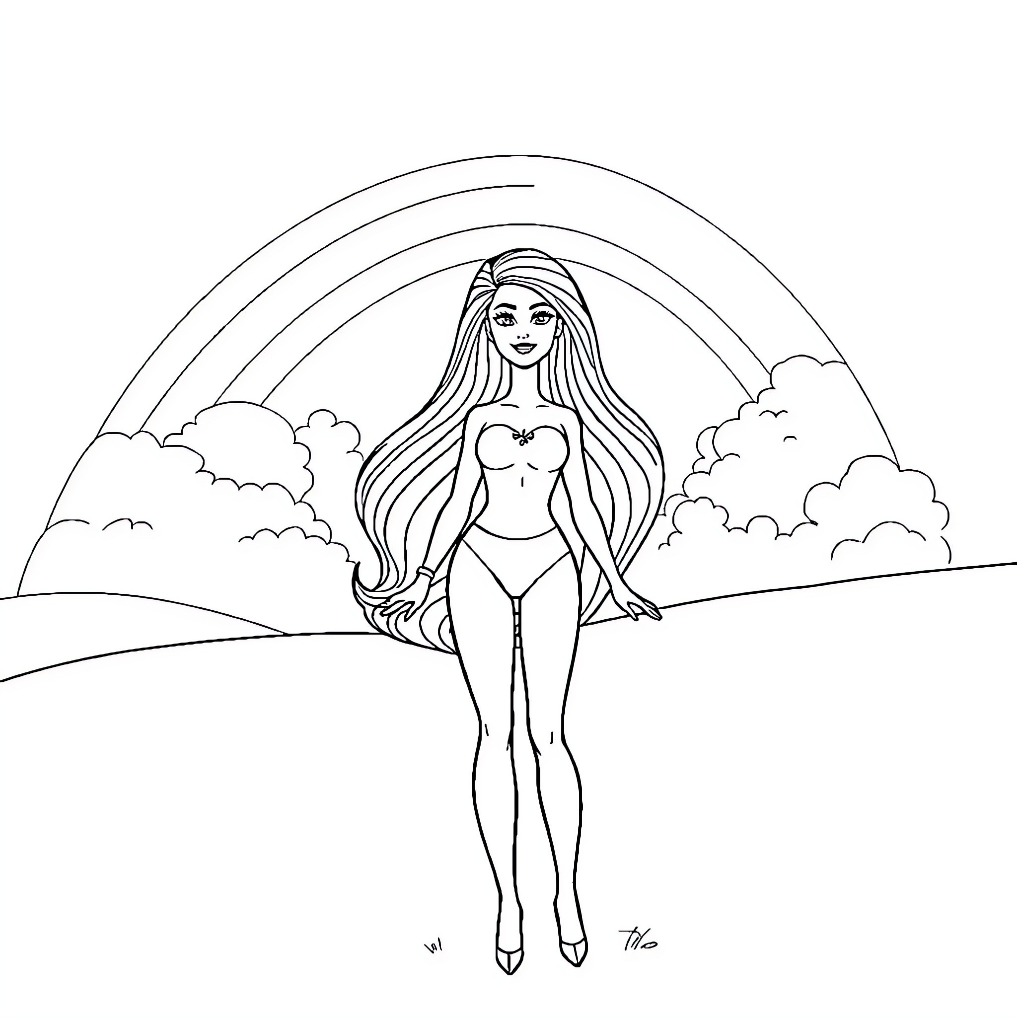 Barbie standing confidently in natural scene Coloring Page (free black-and-white line drawing printable PDF for all, from beginners to advanced learners, including children, teens, adults, and seniors)