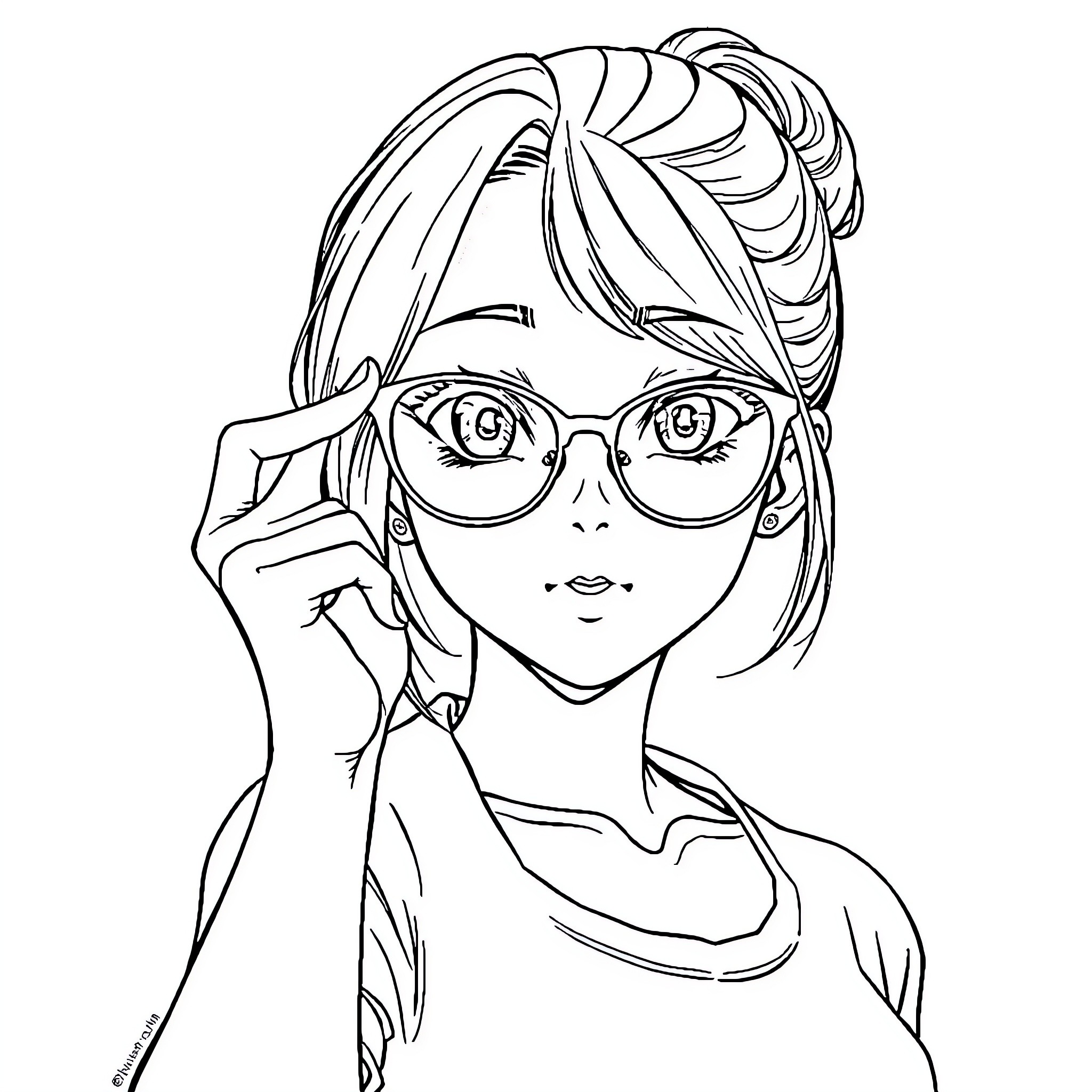 Anime Girl with Glasses Thoughtfully Gazing Coloring Page (free black-and-white line drawing printable PDF for all, from beginners to advanced learners, including children, teens, adults, and seniors)
