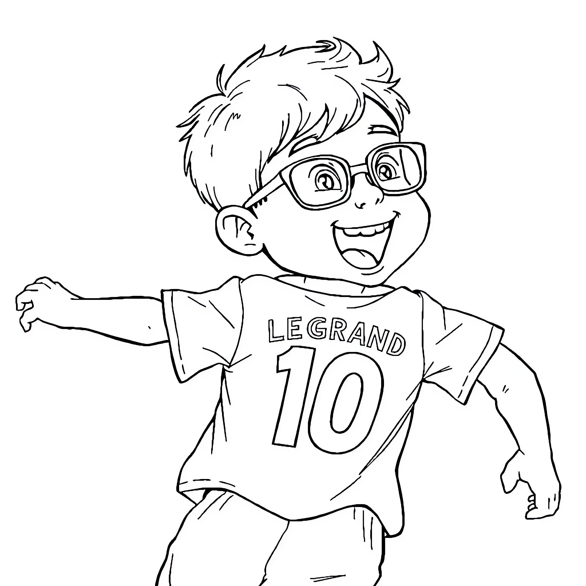 Kid in sports jersey excitedly cheering Coloring Page (free black-and-white line drawing printable PDF for all, from beginners to advanced learners, including children, teens, adults, and seniors)