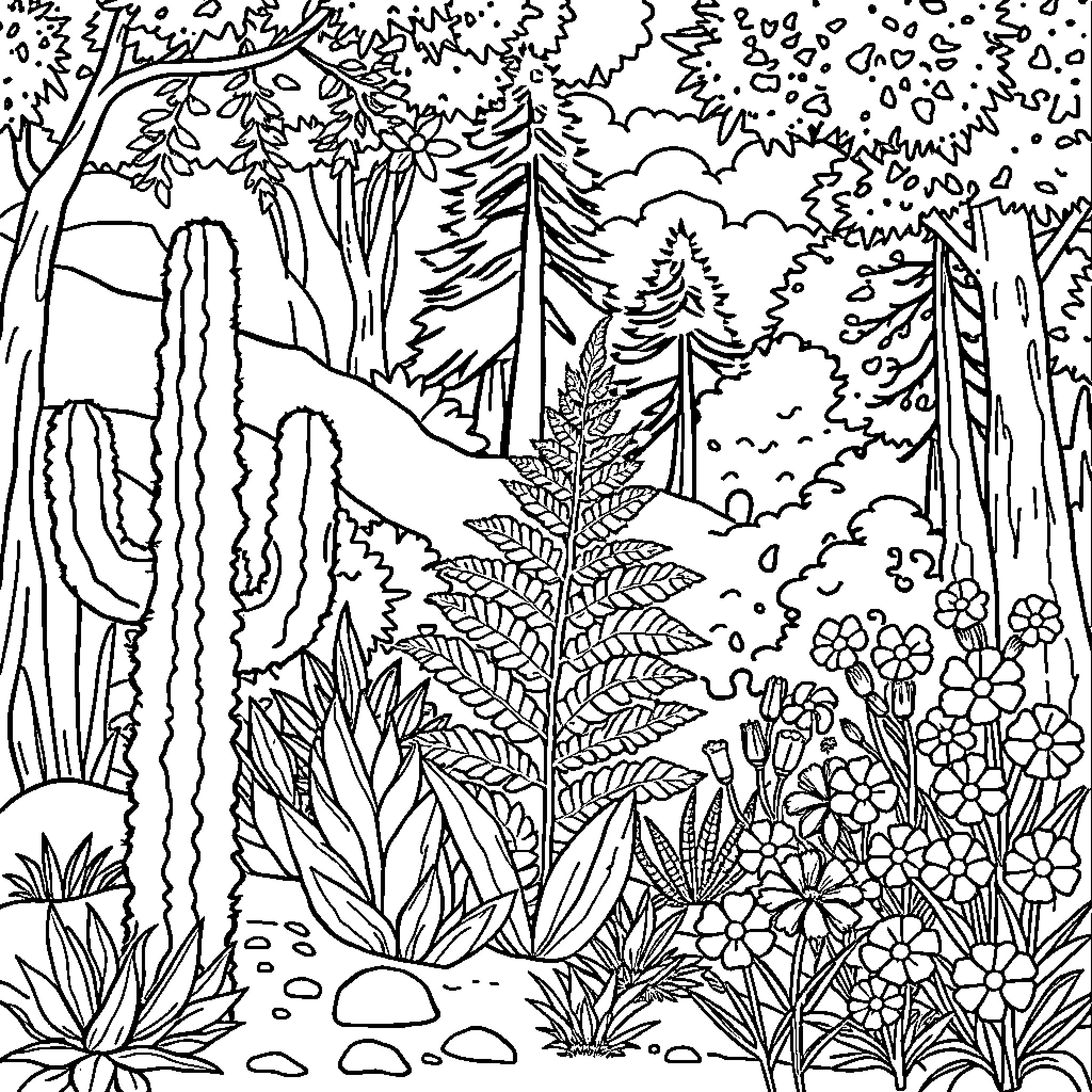 Plant-filled forest with diverse vegetation Coloring Page (free black-and-white line drawing printable PDF for all, from beginners to advanced learners, including children, teens, adults, and seniors)