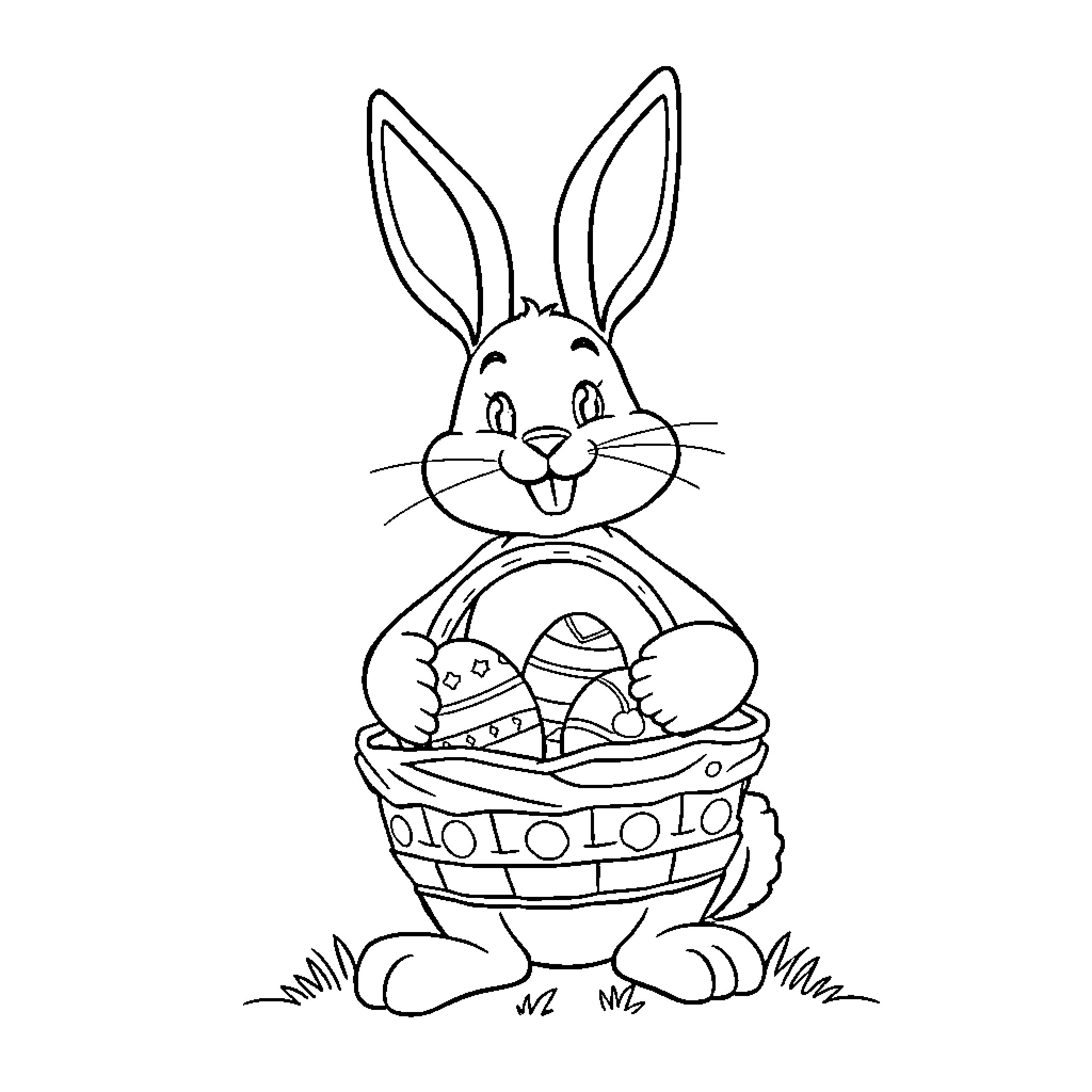 Easter Bunny holding basket full of decorated eggs Coloring Page (free black-and-white line drawing printable PDF for all, from beginners to advanced learners, including children, teens, adults, and seniors)