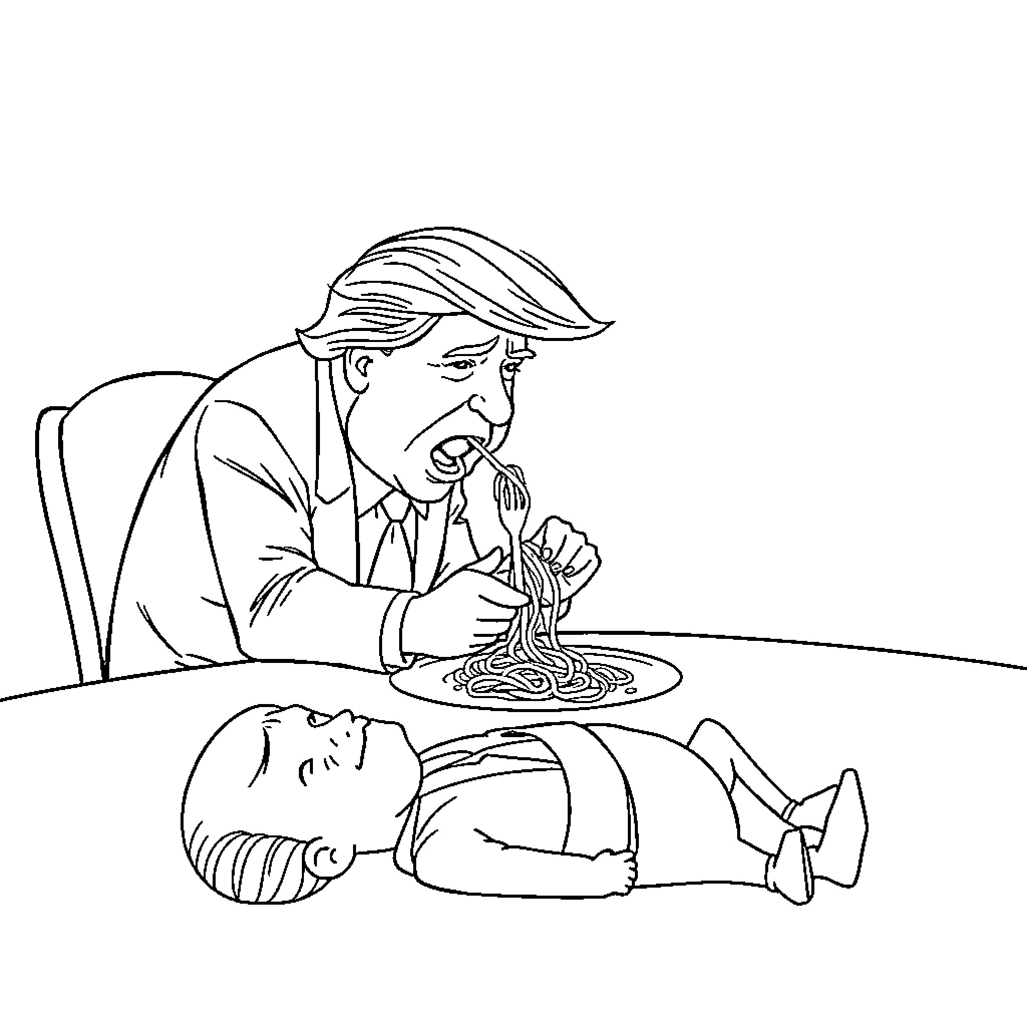 Donald Trump eating spaghetti with unconscious person nearby Coloring Page (free black-and-white line drawing printable PDF for all, from beginners to advanced learners, including children, teens, adults, and seniors)
