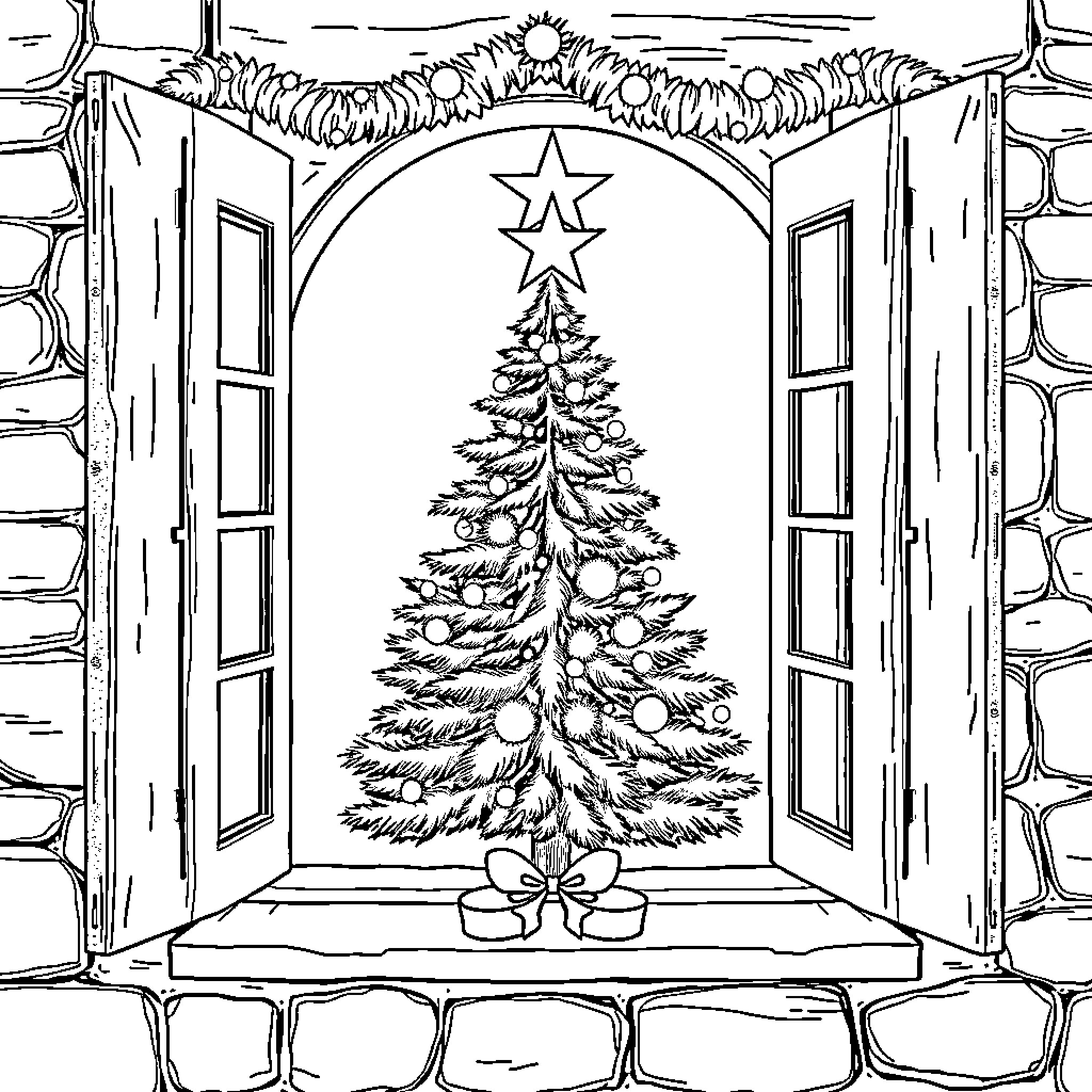Christmas Tree Standing Tall in the Window Coloring Page (free black-and-white line drawing printable PDF for all, from beginners to advanced learners, including children, teens, adults, and seniors)