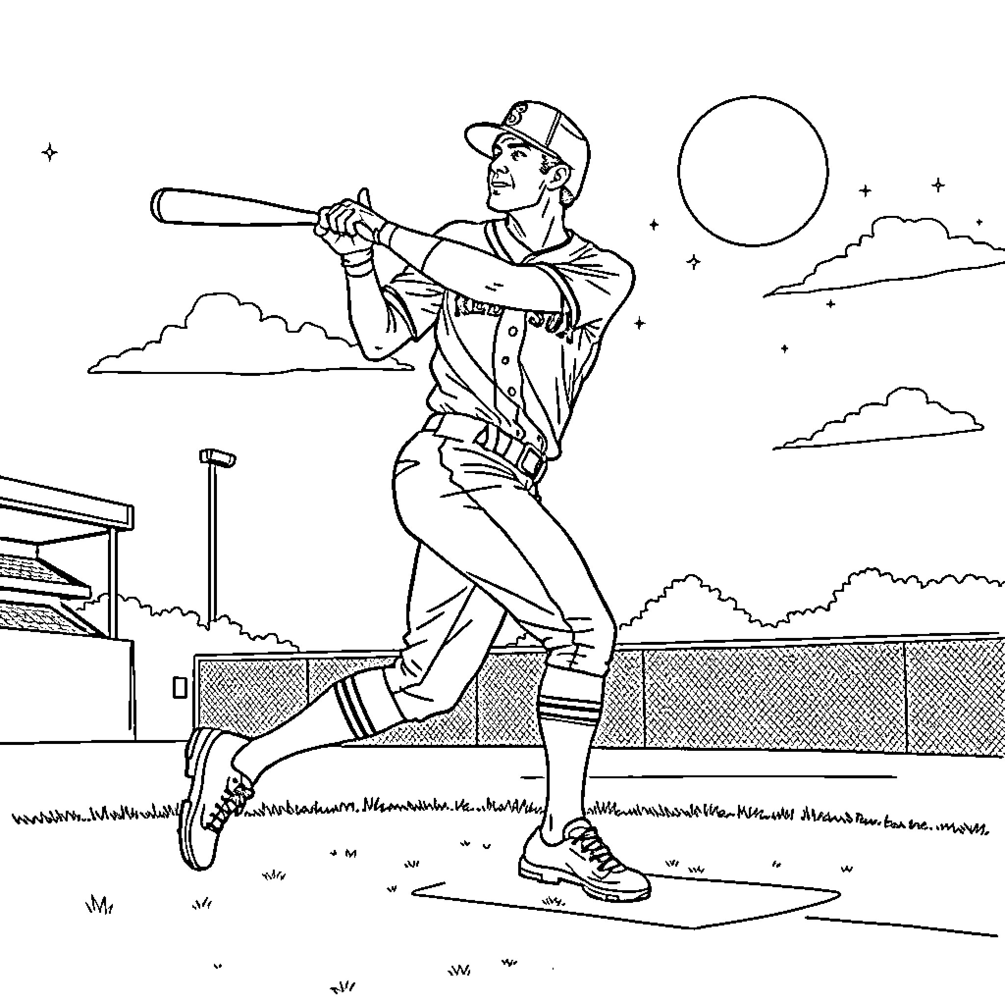 Alex Bergman batting at baseball field Coloring Page (free black-and-white line drawing printable PDF for all, from beginners to advanced learners, including children, teens, adults, and seniors)