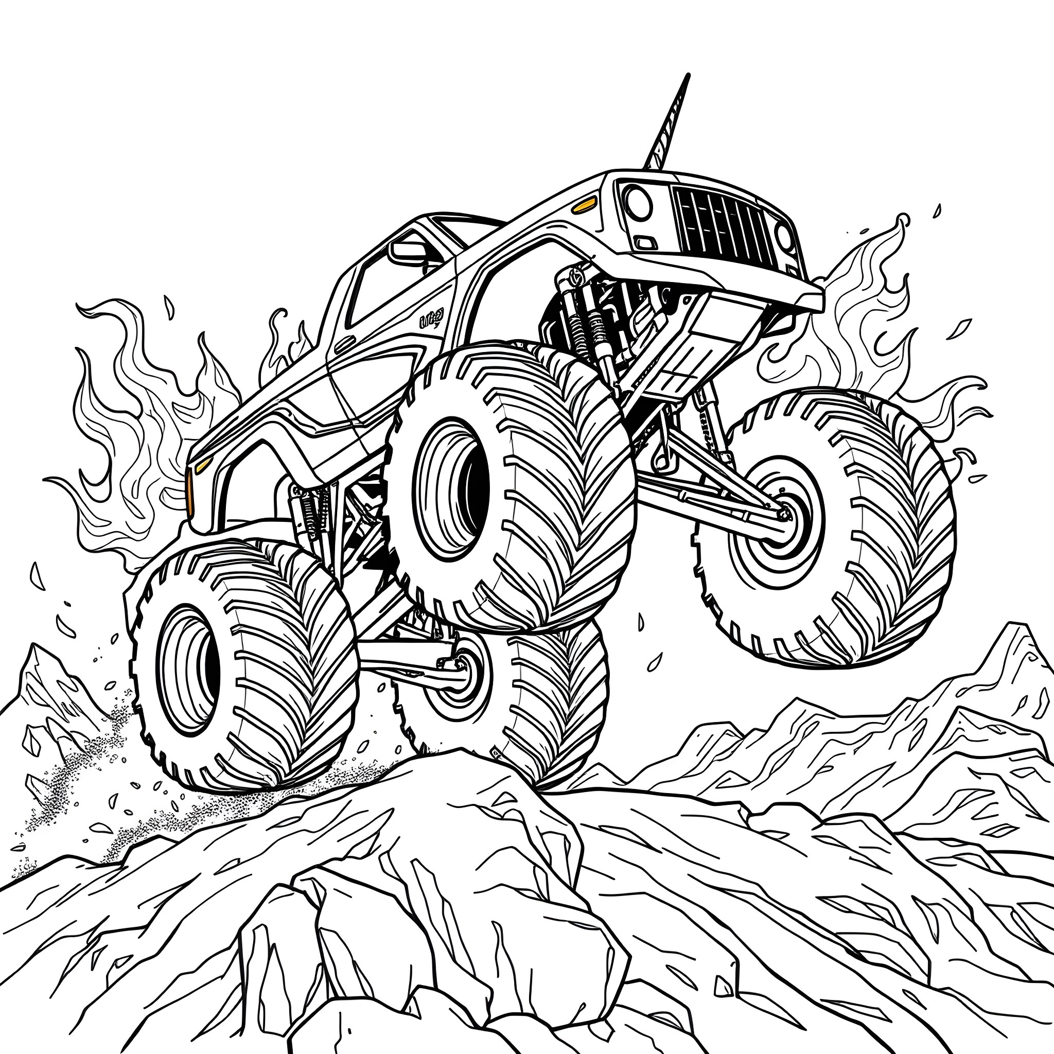Unicorn Monster Truck Crushing Through Rugged Terrain Coloring Page (free black-and-white line drawing printable PDF for all, from beginners to advanced learners, including children, teens, adults, and seniors)