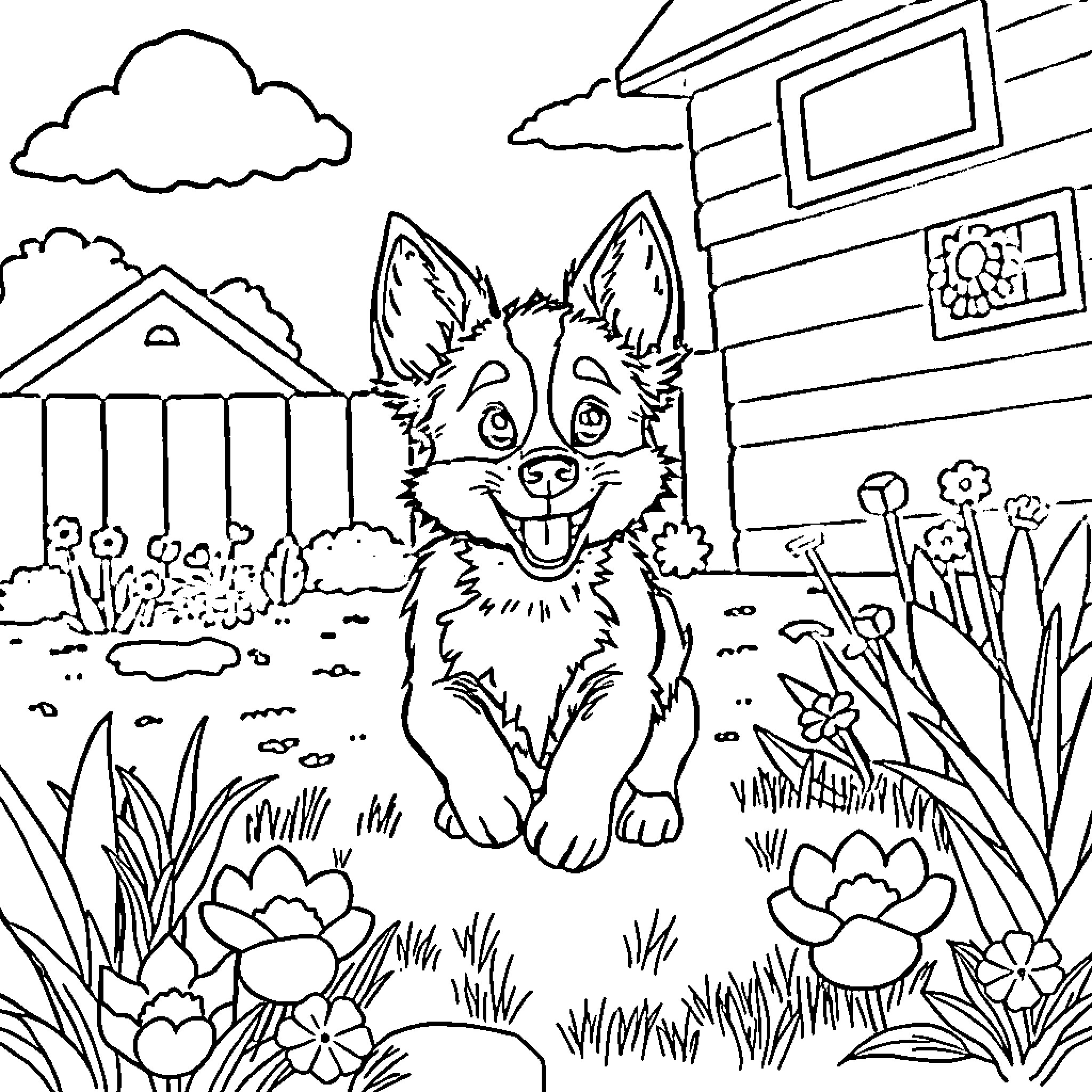 Bluey playing happily in the backyard Coloring Page (free black-and-white line drawing printable PDF for all, from beginners to advanced learners, including children, teens, adults, and seniors)