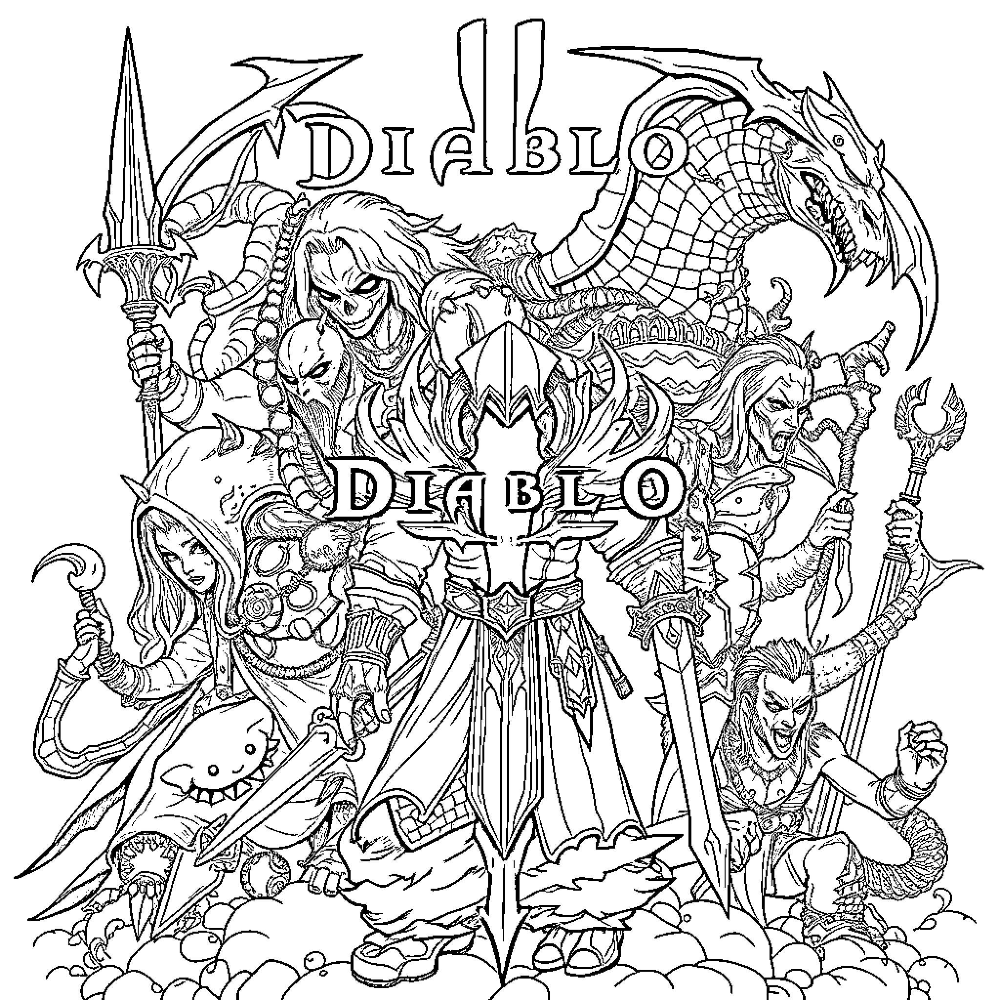 Diablo - Iconic Characters and Monsters in Action Coloring Page (free black-and-white line drawing printable PDF for all, from beginners to advanced learners, including children, teens, adults, and seniors)