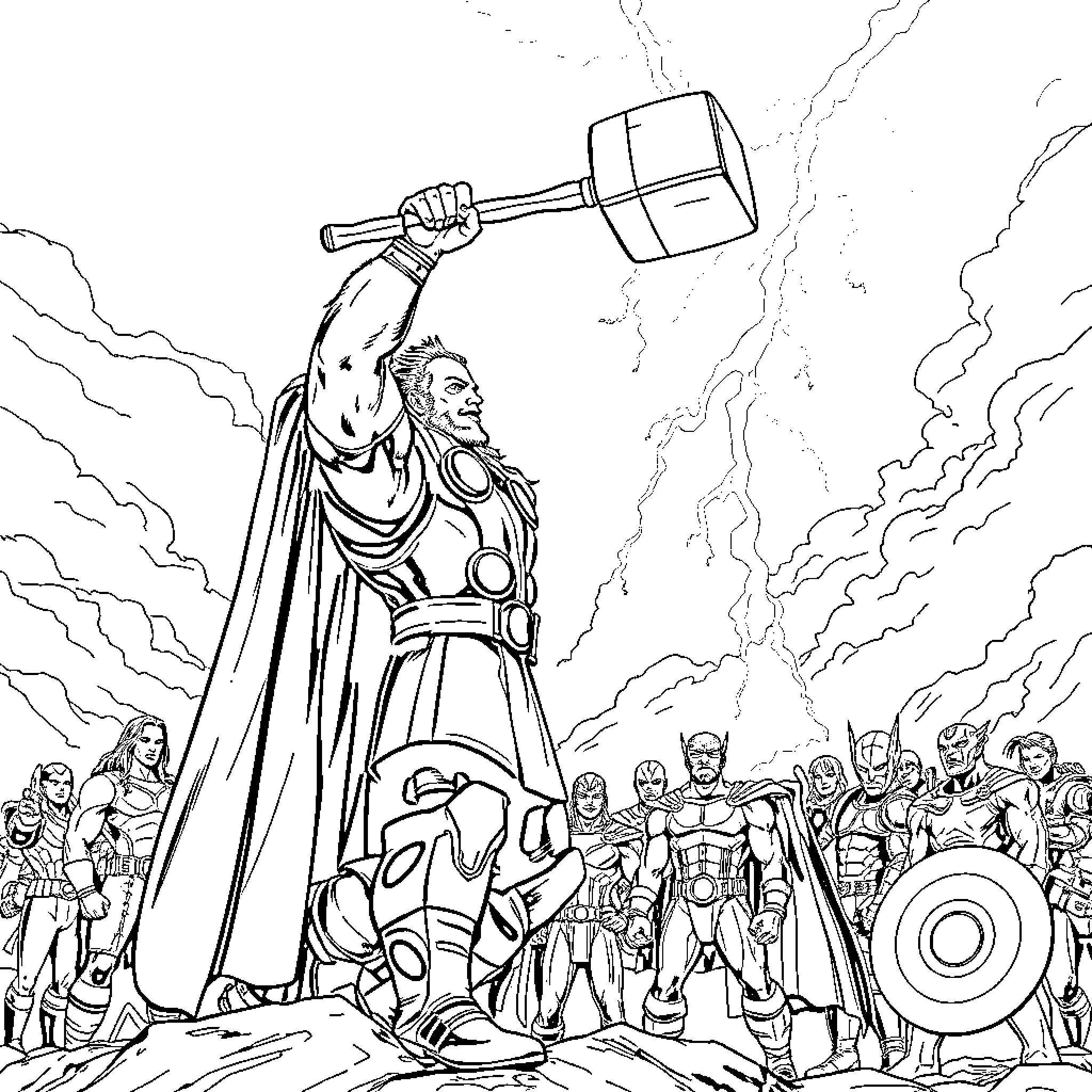Thor's Mighty Hammer Raised in Epic Battle Coloring Page (free black-and-white line drawing printable PDF for all, from beginners to advanced learners, including children, teens, adults, and seniors)