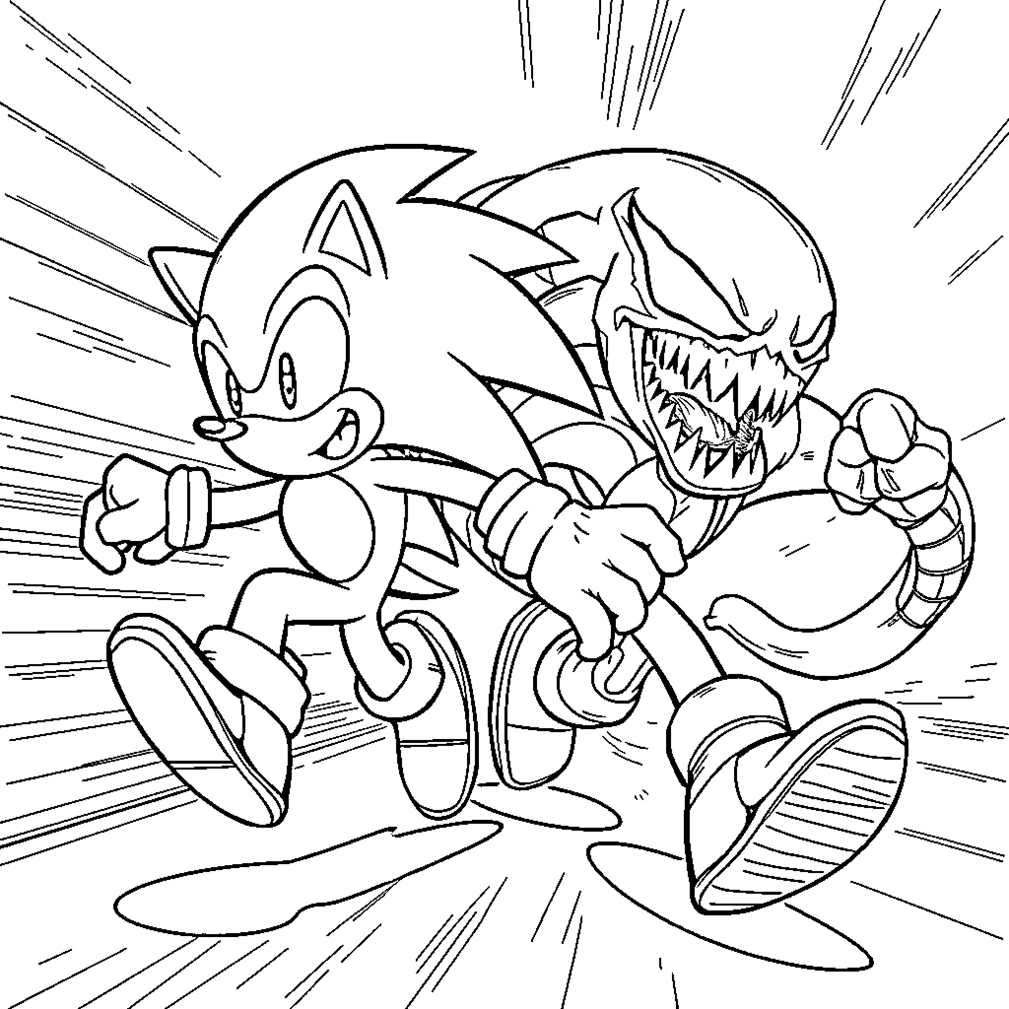 Sonic Running from Menacing Creature in Action Scene Coloring Page (free black-and-white line drawing printable PDF for all, from beginners to advanced learners, including children, teens, adults, and seniors)