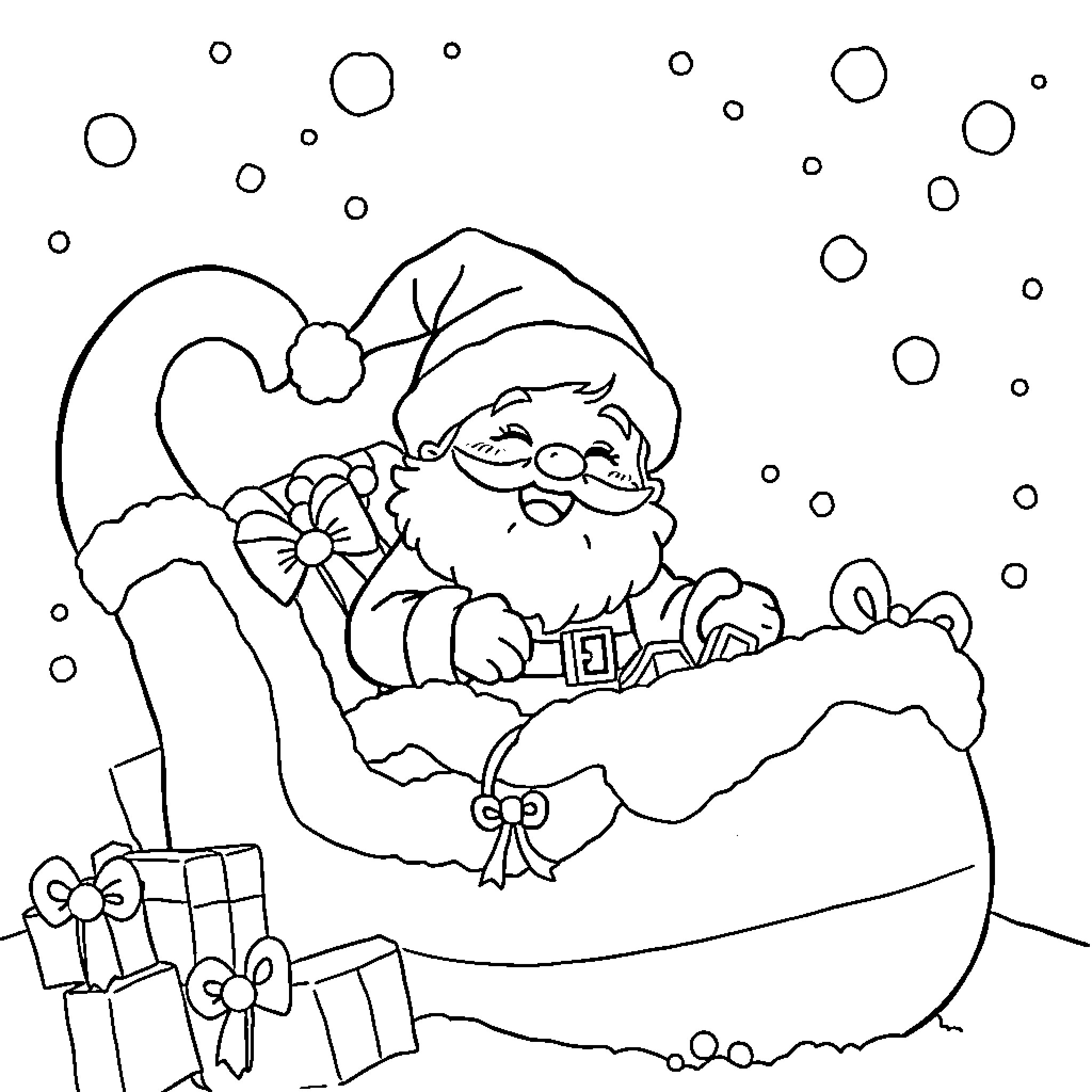 Lutin enjoying Christmas gifts and snowfall Coloring Page (free black-and-white line drawing printable PDF for all, from beginners to advanced learners, including children, teens, adults, and seniors)