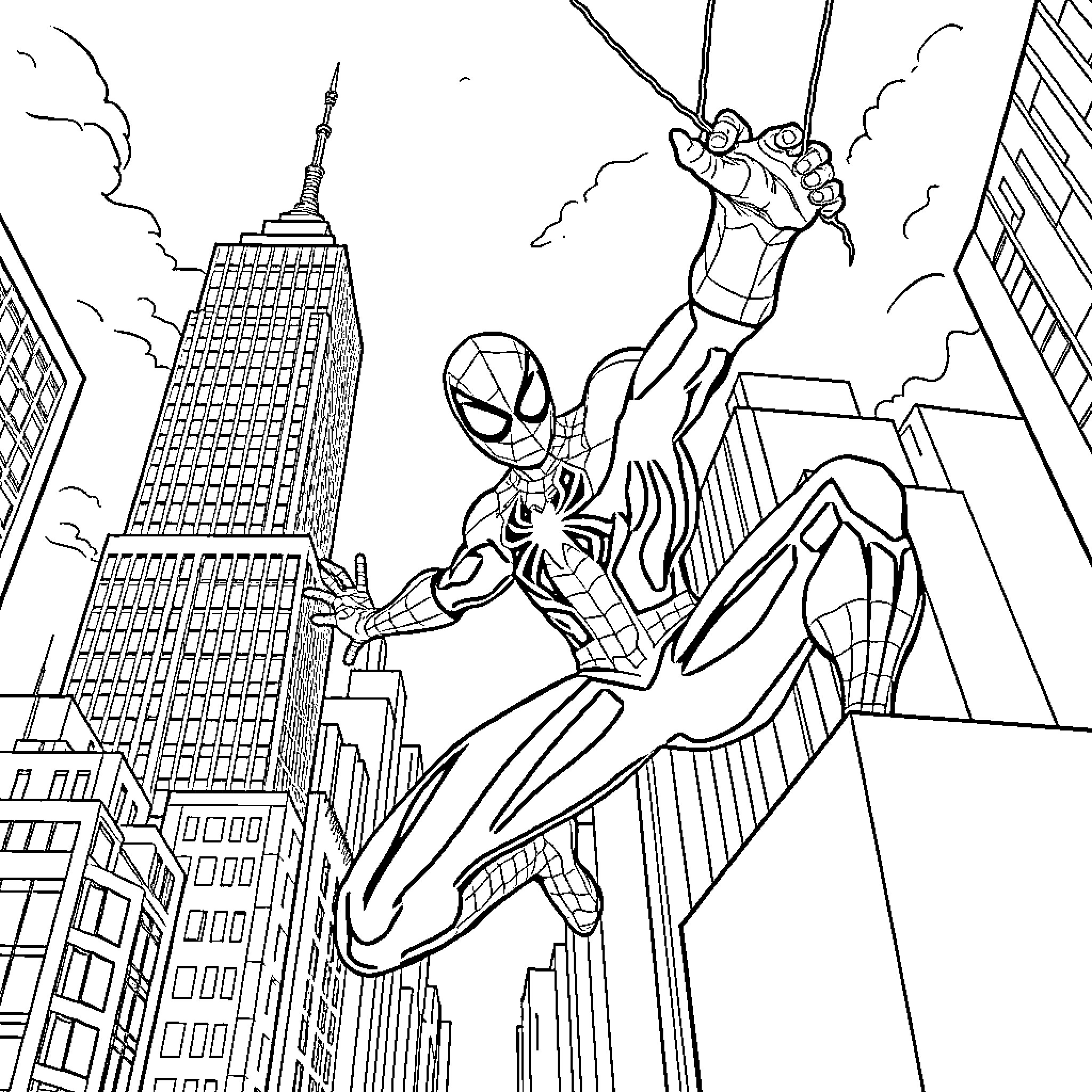 Spiderman swinging through the city skyline Coloring Page (free black-and-white line drawing printable PDF for all, from beginners to advanced learners, including children, teens, adults, and seniors)