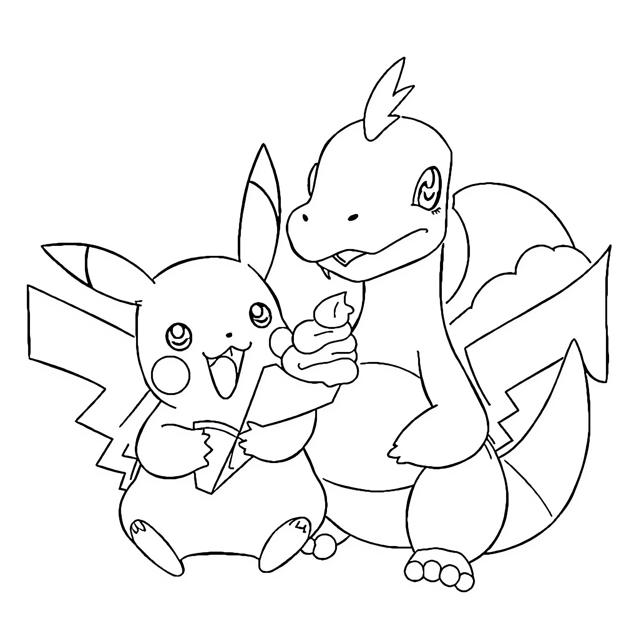 Pikachu and Charmander playing together Coloring Page (free black-and-white line drawing printable PDF for all, from beginners to advanced learners, including children, teens, adults, and seniors)